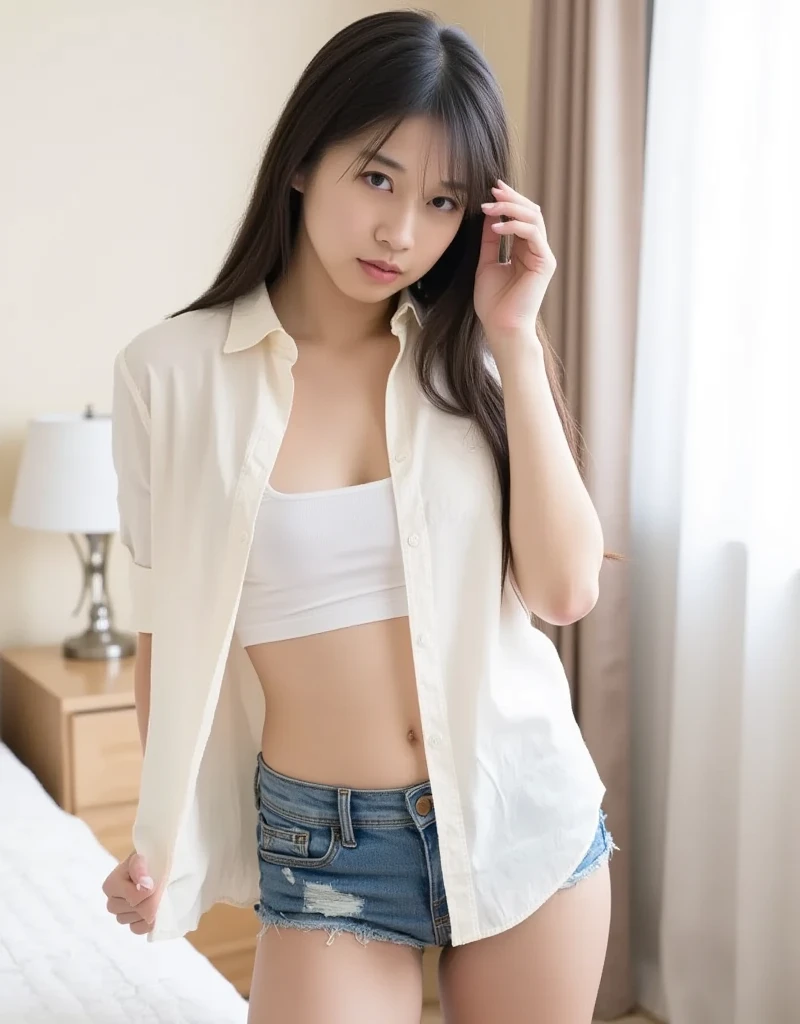 NFSW, Unbelievably absurd, Beautiful and cute with a realistic face、18-year-old Japanese adult female、Showcasing the highest quality craftsmanship, Her slim figure is accentuated by the short length., My hair is messy, High-resolution artwork, Perfectly captures highly detailed features, Slender model figure、Focus on the real eyes, Smiling and expressing embarrassment, ((The chest comes out)), Big Breasts, ((skirt)), Overshirt, Small lace panties、Panty Focus、Detailed panties pattern、Small panties、Too bright natural light、Shining Sun、Beautiful and transparent skin、Lips shining with lip gloss、Beautiful and shiny hair、