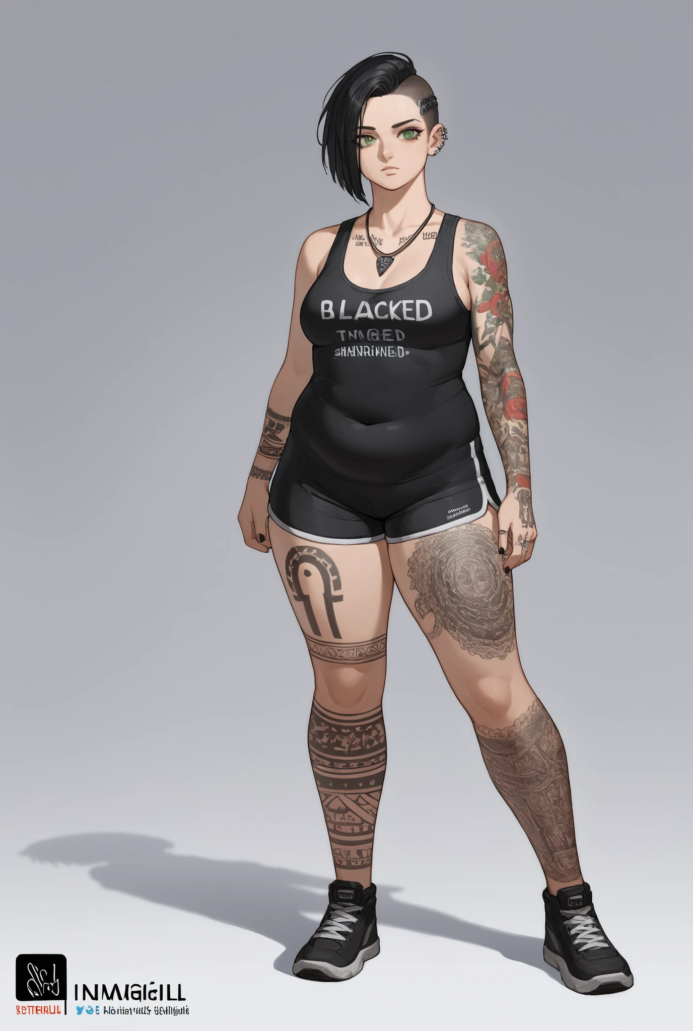 a bald woman with a tattoo on her chest and a black top, high detail, human female character art, bald female character, full body character portrait, detailed full body portrait, full character body, full body details, detailed full body, highly detailed full body, fullbody portrait, muscular character, full-body character portrait, character full body portrait, female character design, fighting game character concept art, tekken character design, the king of fighters character concept, full bofy, full body concept art, full body art