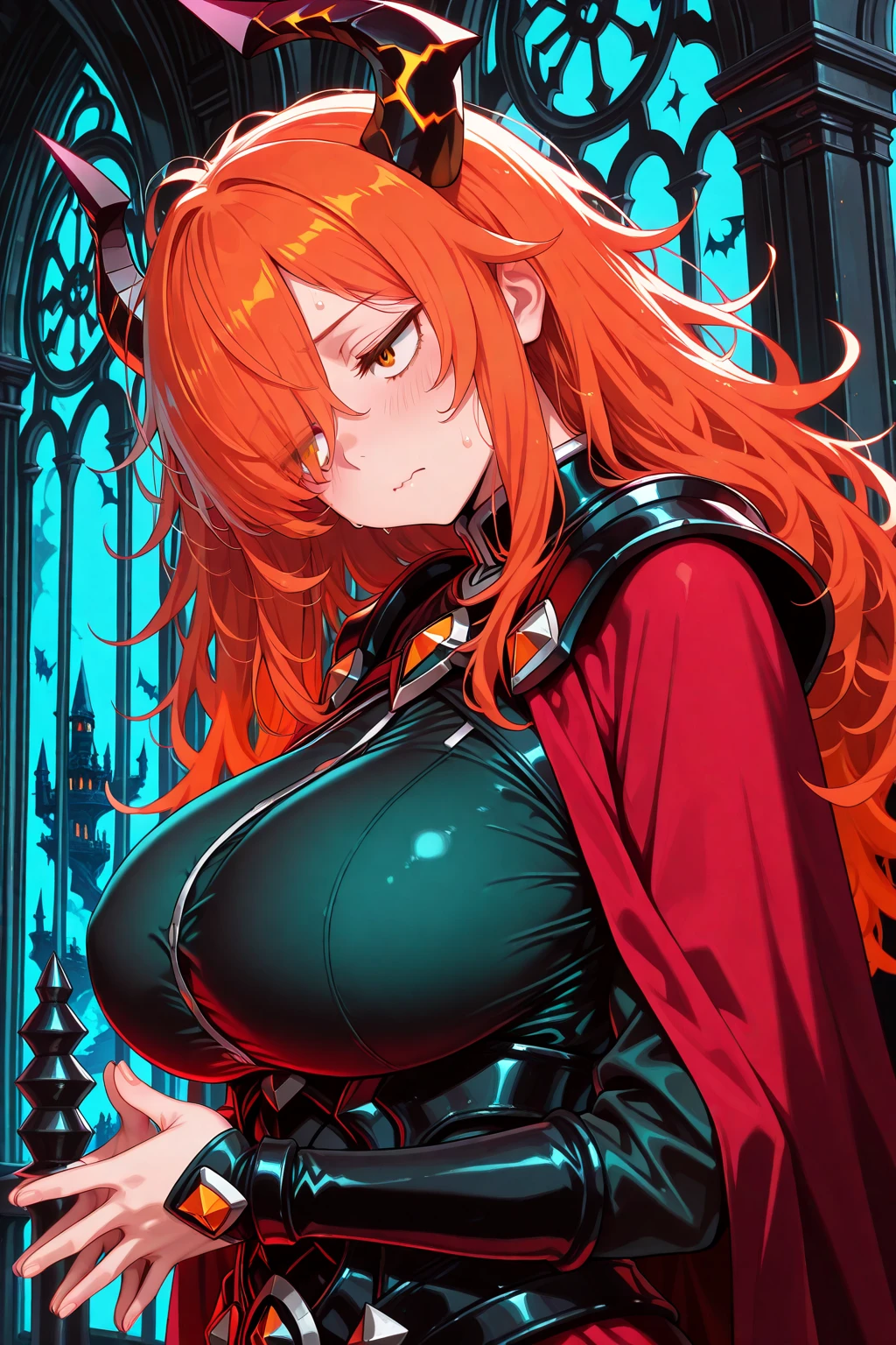 masterpiece,best quality,highres,cinematic lighting,dramatic angle,<lora:ShadowverseTidalGunnerV1:1:OUTSTYLE> ,1girl,hair ornament,hanging breasts,red hair,red eyes,twintails,goggles,skull decorations,hair ribbon,white shirt,black skirt,fishnet,garter straps,belt,package,pov,looking at viewer,:d,fangs,taunting,happy,clothing cutout,(huge and gigantic and enormous and big and large and juicy breasts:1.2),(fat ass:1.1),(thick thighs:1.2),bare shoulders,choker,spikes,close-up,necktie,girl on top,sitting on pov,wariza,(male pov grabbing her breasts very hard:1.5),from below,evil smile,shaded face,seductive pose,bedroom,cowgirl position,embarrassed,shy,blush