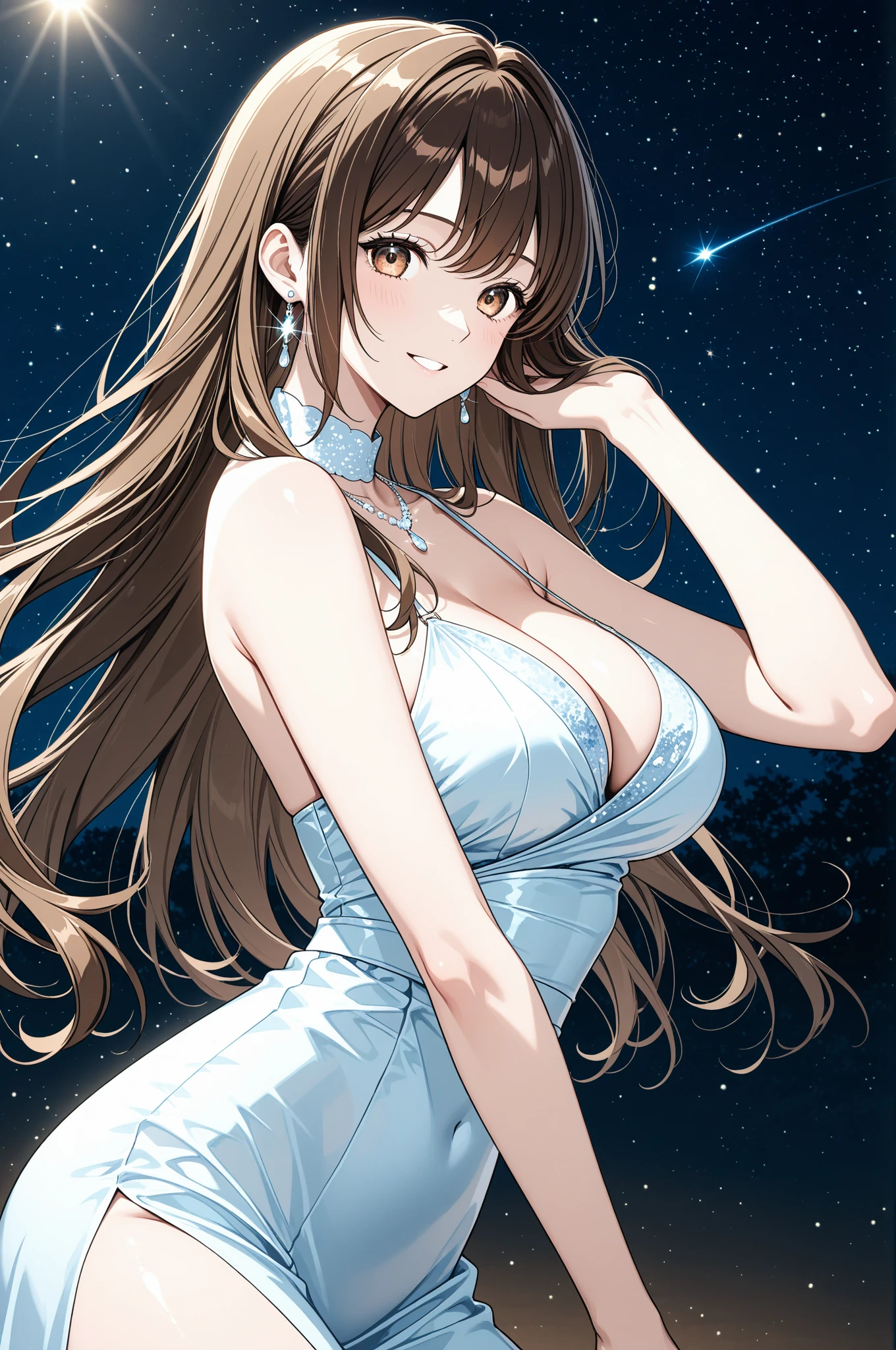 masterpiece, best quality,extremely delicate and beautiful, best quality, masterpiece, extremely detailed CG, {{high quality}},perfect face, {{{space}}}, starry sky,{star},1girl,ray tracing,extremly detailed CG unity 8k wallpaper,dynamic angle,brown hair, long,hair,{{serafuku}},clothes lift,{{high school girl}},{{{striped bra}}},{{{cleavage}}},medium breast,light_blush, smiling, star hair ornament,upper body,