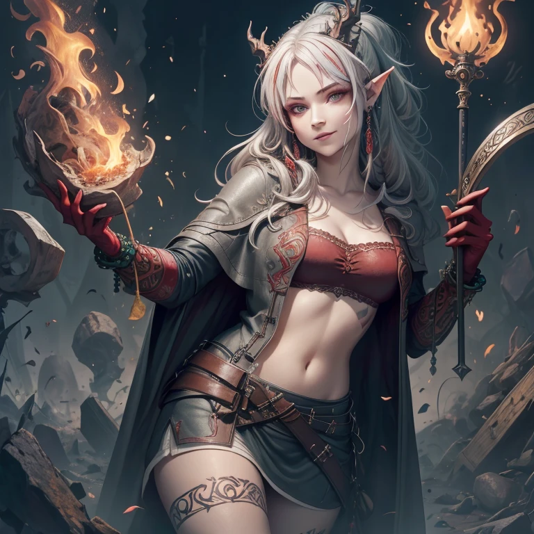 (4k quality), sexy and thin elf, torn clothes, detailed short white hair, detailed red eyes, best quality, expressive eyes, perfect face, with a magic wand of fire