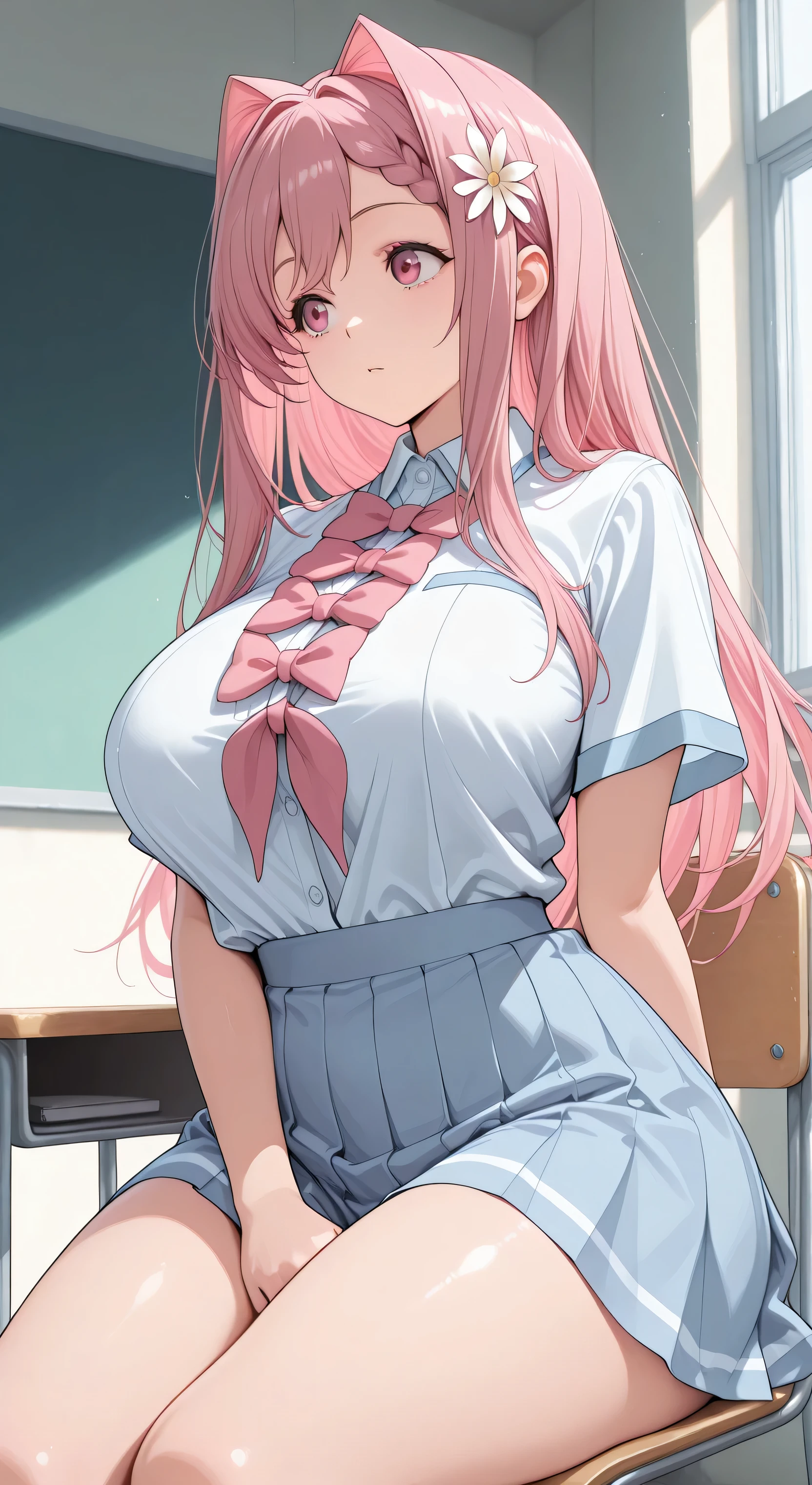 (extremely detailed CG unity 8k wallpaper),(masterpiece),(best quality),(ultra-detailed),(best illustration),(best shadow),(absurdres),<lora:Akari Watanabe:0.5> Akari Watanabe, 1girl, skirt, solo, pink hair, long hair, breasts, green eyes, hair bun, cleavage, shoulderless blouse, white socks, black boots, skirt, eye shadow, double bun, looking at viewer, full body, kneehighs, bangs, medium breasts, lip gloss, parted lips, jewelry, necklace, earrings, living room, viewers pov, laying down, laying down on top of viewer, (detailed background)