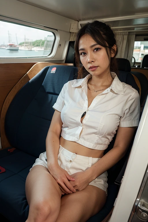 tense atmosphere，In a Japanese subway car，japanese movies，A young woman, Female Model，Show huge buttocks，Detailed background, beautiful, Reality