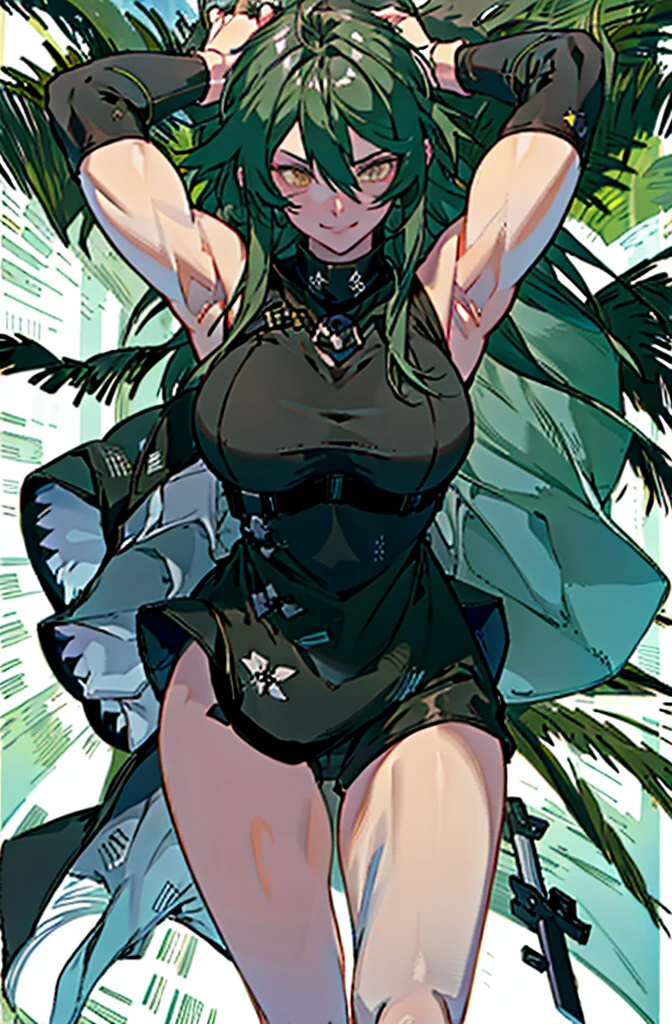 （（（masterpiece、Highest image quality、highest quality、highly detailed unity 8ｋwallpaper）））、（（Illustration of one girl））、（（（beautiful girl）））、（（green hair、pixie cut：1.3、sidelocks、purple eyes））、（stocky build, thickset physique, muscular legs, broad shoulders：1.2, solid chest：1.3）、（（（hairy armpits：1.4）））、(armpit hair:1.4)、swimsuit、sandy beach