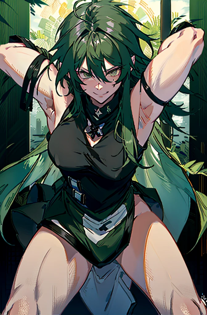 Pure sky，mechanical leg，Black mechanical legs，Plump legs，Green gem setting，Anime girl lying on bed，Black cape and green hair, rogue anime girl, Anime girl lying down, Wearing a cloak on the blasted plain, asuka suit under clothes!, Cyborg girl, badass posture, mechanic punk outfit, anime styled 3d, render of a cute 3d anime girl, gapmoe yandere grimdark, Female character，musculature，Abs，Glowing green eyes，Black hair with green gradient，short detailed hair，Bunched hair，Dull hair，（Muscle 2.0），Tomboyish，Be red in the face，looking at viewert，Elaborate Eyes，Black mechanical legs，huge tit，1.5，ssmile，Openwork black silk，Straight big breasts，strappy，Black openwork hot pants，White bandeau，Toothless smile，Lower breast，Mechanical wind，There are no cities，Side breasts，Excitation，Top crotch，Sexy lower abdomen，Camel toes，Sexy underarms，ultra gigantic tits，Raise both hands，Tie your hair backhanded，Heart-shaped eyes，Lie down in bed