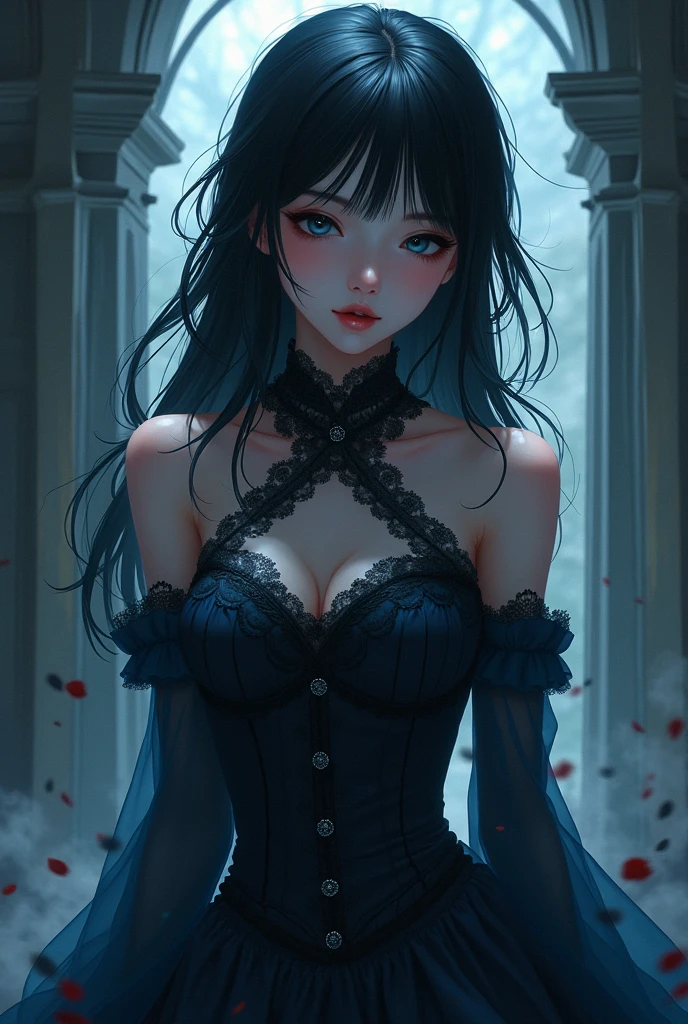 Long pretty black hair, Teal blue eyes, Male, Blue and black frilly gothic clothes, Surrealism, Sexy, Masterpiece, Shiny, Gloomy effects, 8k, super detail, Shiny, Beautifully detailed, Pretty drawn. Anime style. Sexy pose, hot. Seductive pose. Little ponytail. 