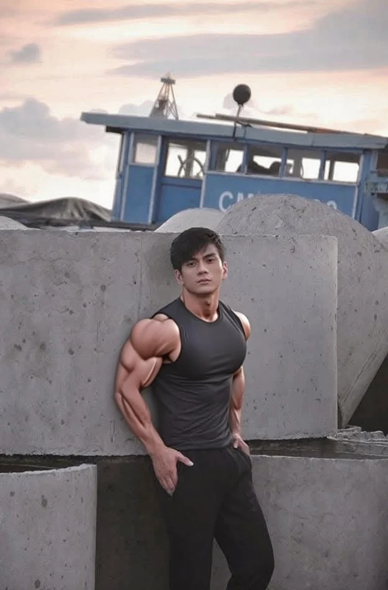 Japanese model, hyper muscular ,tan skin 