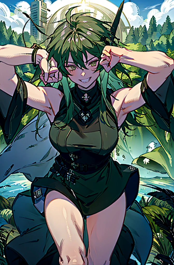 (Best quality:1.3), (4K quality), ((detailed face)),((smile)), ((skinny body)), Green hairs, (beautiful breasts), cleavage, sexy, (((ecchi)) ), Skinny girl, skinny muscular woman, skinny body, perfect body, sexy skinny body, long thin legs, legs spread, NSFW, purple eyes, armpit, sexy bikini