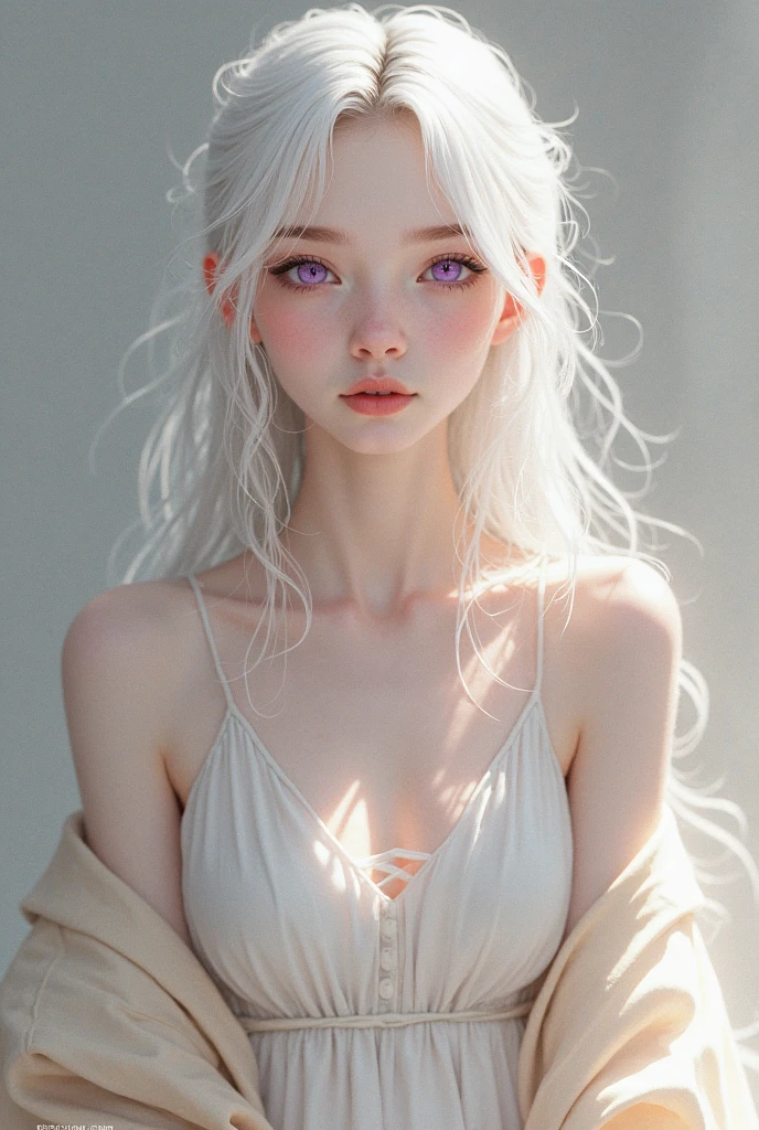 {{masterpiece}},{{highest quality}},enlightenment,1 perfect portrait of a girl, Colorful hair, (white+white soft hair:1.6), blue eyes,Long and slim body type, Fantasy pink background, {lean forward a little},{shy}, head tilt,{small ???????} ,movie lighting,((seductive pose)),  fullbody, ?????