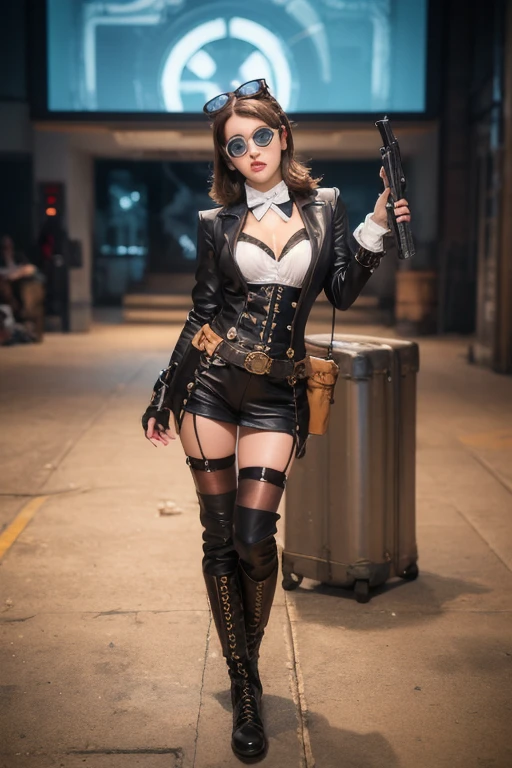 Brunette girl with bright yellow eyes in black leather outfit, with a revolver in his hand and smoke coming from the revolver 