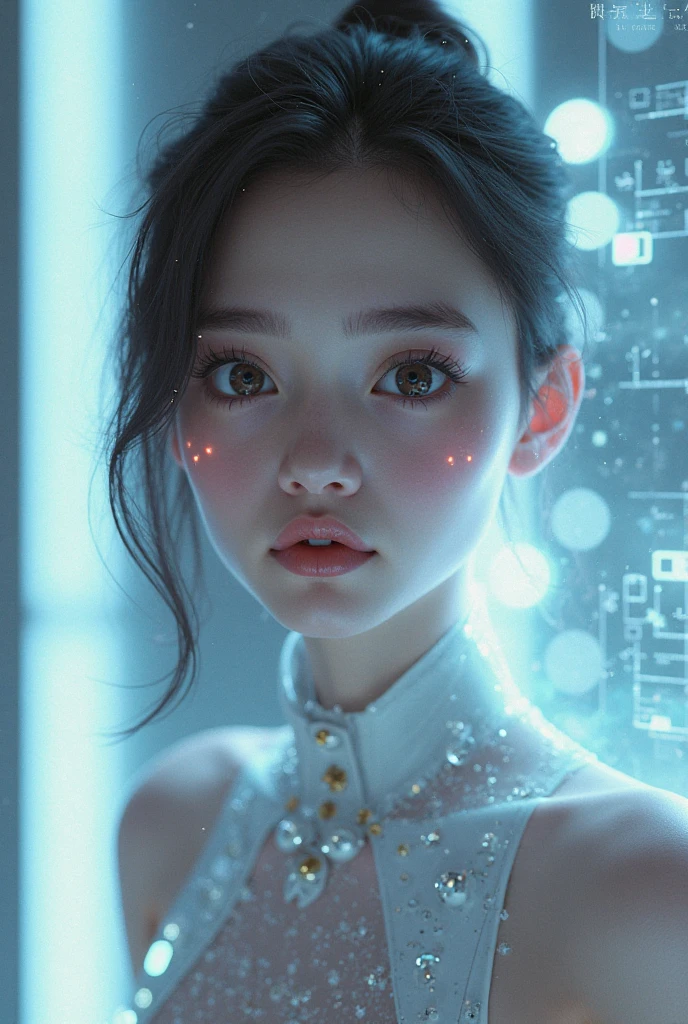 (tmasterpiece:1.2),best qualtiy,In space,(nigh sky,medium lenght hair:1.2),(illustratio:1.2),lindo cenario,dreads,(Elaborate luminescence,lens flare glow),(Hyper-detailing),Hyper-detailing,(exquisitedetails),(complexdetails),(Movie light,Best quality backlight),清晰的线条,New world,peeping at the viewer,Solo Woman,(Space Girl,the space),Oriental women,The girl looks like a Chinese movie star,Solo Woman,Perfect body,Beautiful 16 year old girl,(1girll),(Bright bioluminescent hair,bright glowing eyes),(galaxias,Alien planet),(Astronaut wearing sexy futuristic style white fitted spacesuit:1.1),The material of the spacesuit is light and thin,Latex tight spacesuit,The chest of the spacesuit shows the starry sky,Slightly closed eyes,(cyber punk perssonage),(dyna:1.3),(putting makeup on)),hight contrast,(The best lighting,Extremely refined and beautiful),((Movie Moonlight)),Extremely colorful,((Photoshop Pastel Painting:1.1)),aethereal,(Movie Masterpiece),suspense,Funk,(Starskrim),splash of color,absolutly eye-catching,((Caustics)),dynamic angle,big breasts beautiful(detailed glow),(spine-chilling),(Intricate movie scenes behind it:1.2),Environmental occlusion, (Ambient moonshine), ray-traced reflection, intricately detailed visible background , (Glowing spacesuit), terroral, (Bioluminescent vegetation:1.2), terroral, uneasy, A futuristic, terroral, (Hologram head-up display), (Delicate Great Comet)