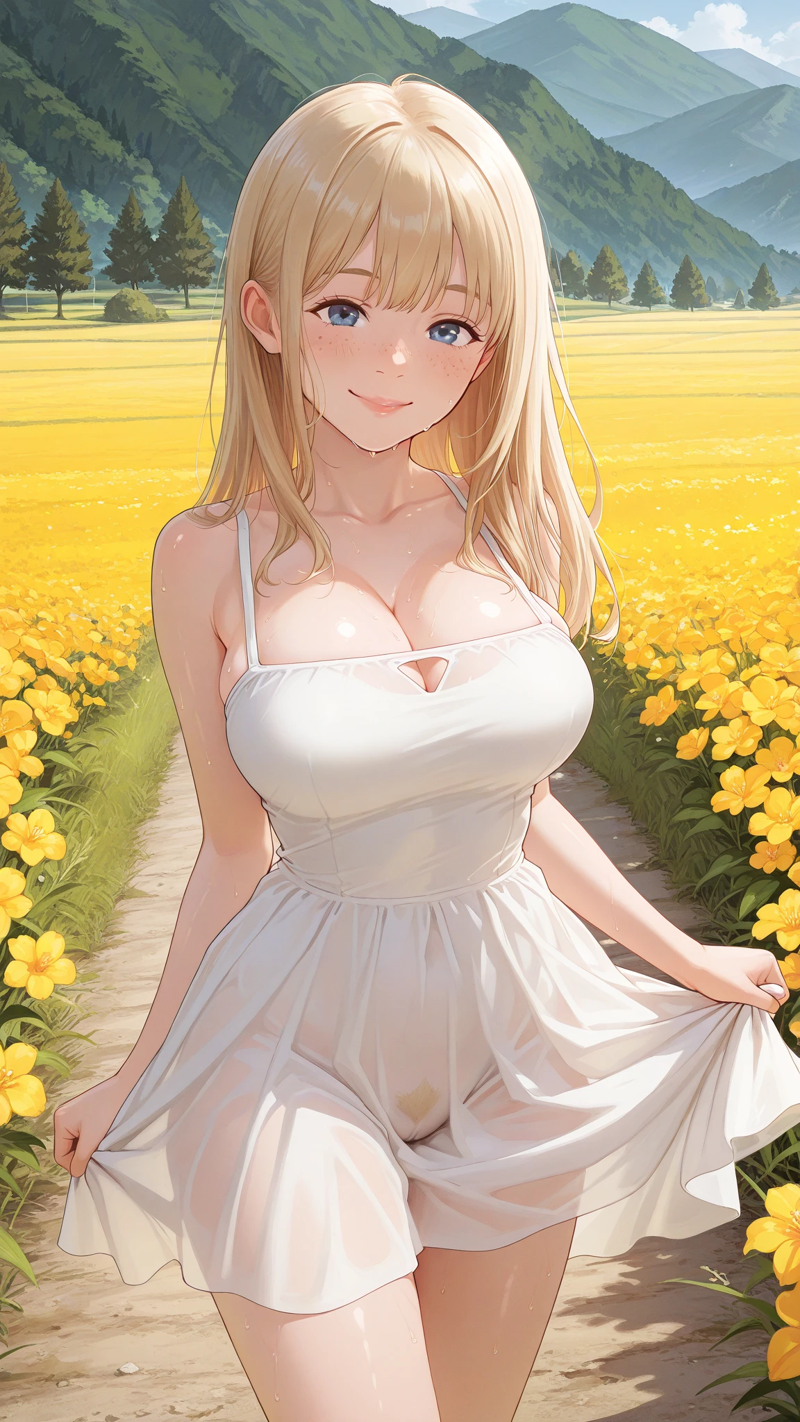 hitenkei style, claude monet style, oil painting, tulip field, carrying milk bottle overhead, south holland, ((topless)), nsfw, masterpiece, summer, 1 girl, erect nipples, intricately detailed, navel, bare shoulders, waist apron, ((windmill)), blonde hair, necklace, scenery, extremely detailed, bare breasts, puffy nipples, blue eyes, bare stomach, soaked, medium breasts, scrunchy bracelet, teen, soft eyes, smiling, armpit, sweaty, happy, half open eyes, lusty eyes, blushing, long, flower crown, side bangs, sleepy eyes, lifeless eyes, netherlands, full body, long white skirt, scenery, huge nipples, saggy breasts