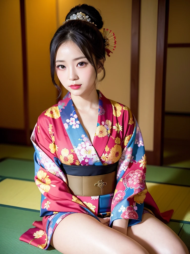A Japanese woman in a kimono sitting on a chair, Japanese Goddess, skinny Japanese Model, in kimono, Beautiful Japanese Girls, Elegant Japan Woman, Japanese, Seductive geisha, in kimono, Japanese Models, Glamorous and sexy geisha, white floral kimono, Beautiful oriental woman, smallest Breasts,Are thin,Flat ,Indigo yukata,Thin silk yukata,Charming beautiful girl,A beautiful girl,A kimono with a calm blue pattern,