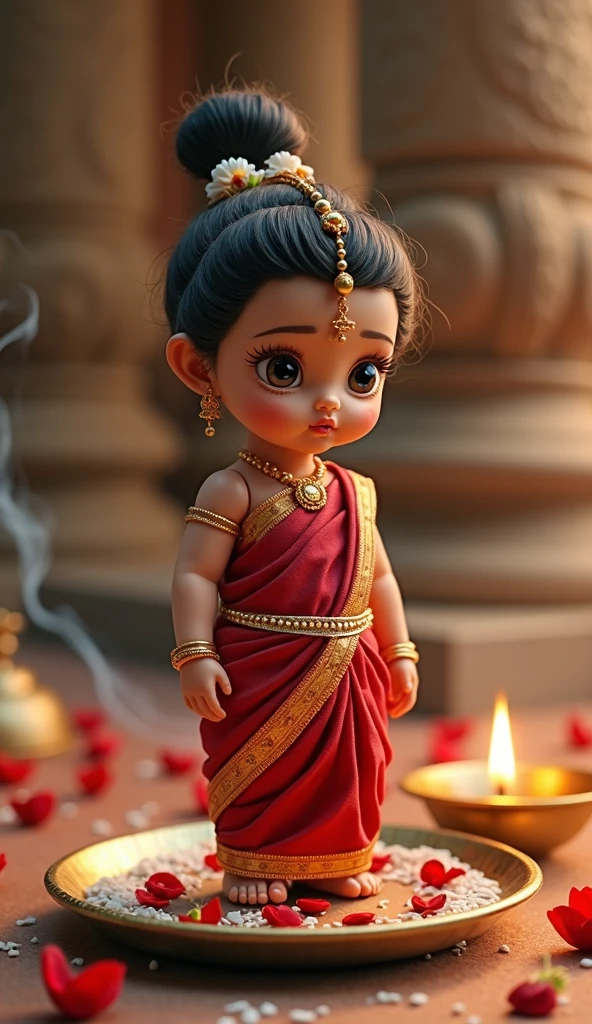 A realistic image of a cute little indian baby girl as a Princess, with open hair, in very big and beautiful palace and in house there are all around gold , wearing a crown and a royal attire and she is very very beautiful and gorgeous and besides her is a large size '2' cutout , indicating that its her second birthday. Bright, bold and colorful image, Flower garlands can be seen hanging from the palace archs, seems like a celebration time in the palace