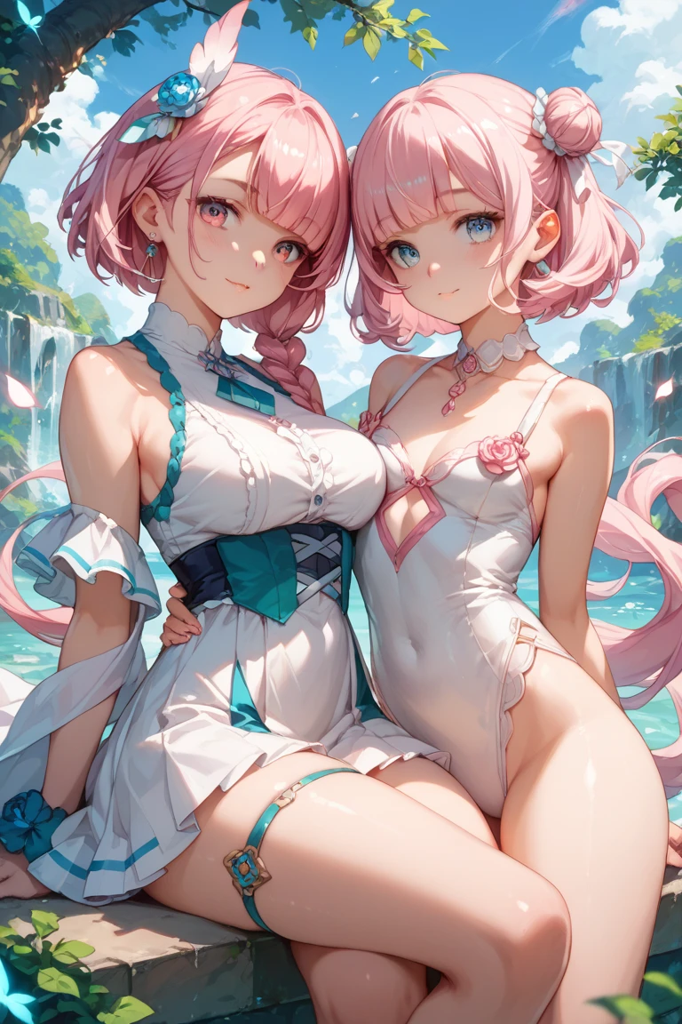 absurderes,(masterpiece、top-quality、8K ),intricate detailes,ultra-detailliert、one girls、A smile、(bbw:1.2)、(A pink-haired、rainbow color Hair:1.3),((Bun hair:1.4)),(Black Sports Bra、Black Short Spud:1.3),(Flower bouquet:1.3),Festive background、Hyper realistic,Perfect Anatomy