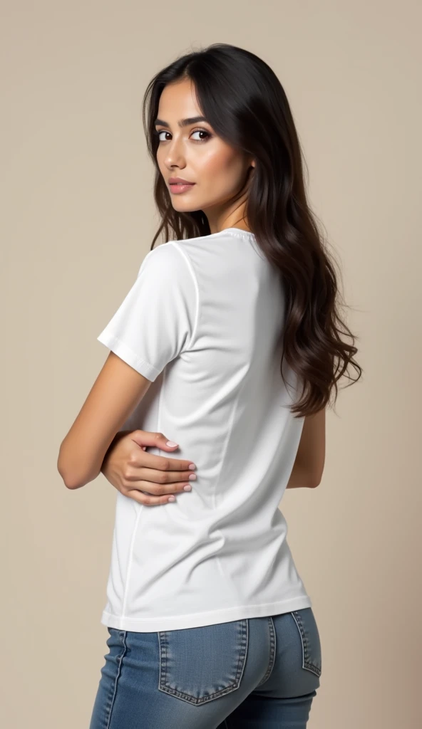 1girl, beautiful woman long white short sleeve t-shirt(Tuck the bottom hem into the bloomers) Old school black bloomers, skinny, perfect body, defined abs, gold hair, standing in a white wall photography studio, ultra-detailed face, beautiful eyes, beautiful lips, double eyelids, shy smile, trimmed bangs, sun-kissed skin, hint of pubic hair, (best quality, 8k, masterpiece:1.3), frontal and full-body shot, pussy line, front facing, open legs