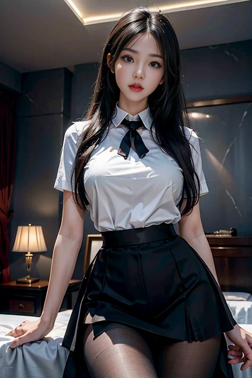 realistic, High resolution, soft light,1 female, alone, hip up, glowing skin, (detailed face),tattoo, jewelry, secretary clothes, white shirt, black skirt, black stockings, garter belt, night, blonde hair, wavy hair, Beautiful Soldier, Eyes that invite the viewer, spouse'point of view, attractive appearance, sexy smile, perfect style, perfect balance, fine skin, naughty look, I can see your breasts