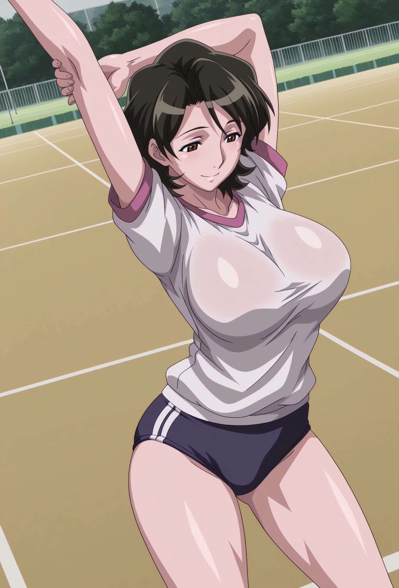 tennis girl's massive nipples out of topless vest out bare and wet pants spreading her legs, gloved hands hidden behind head, blindfold

