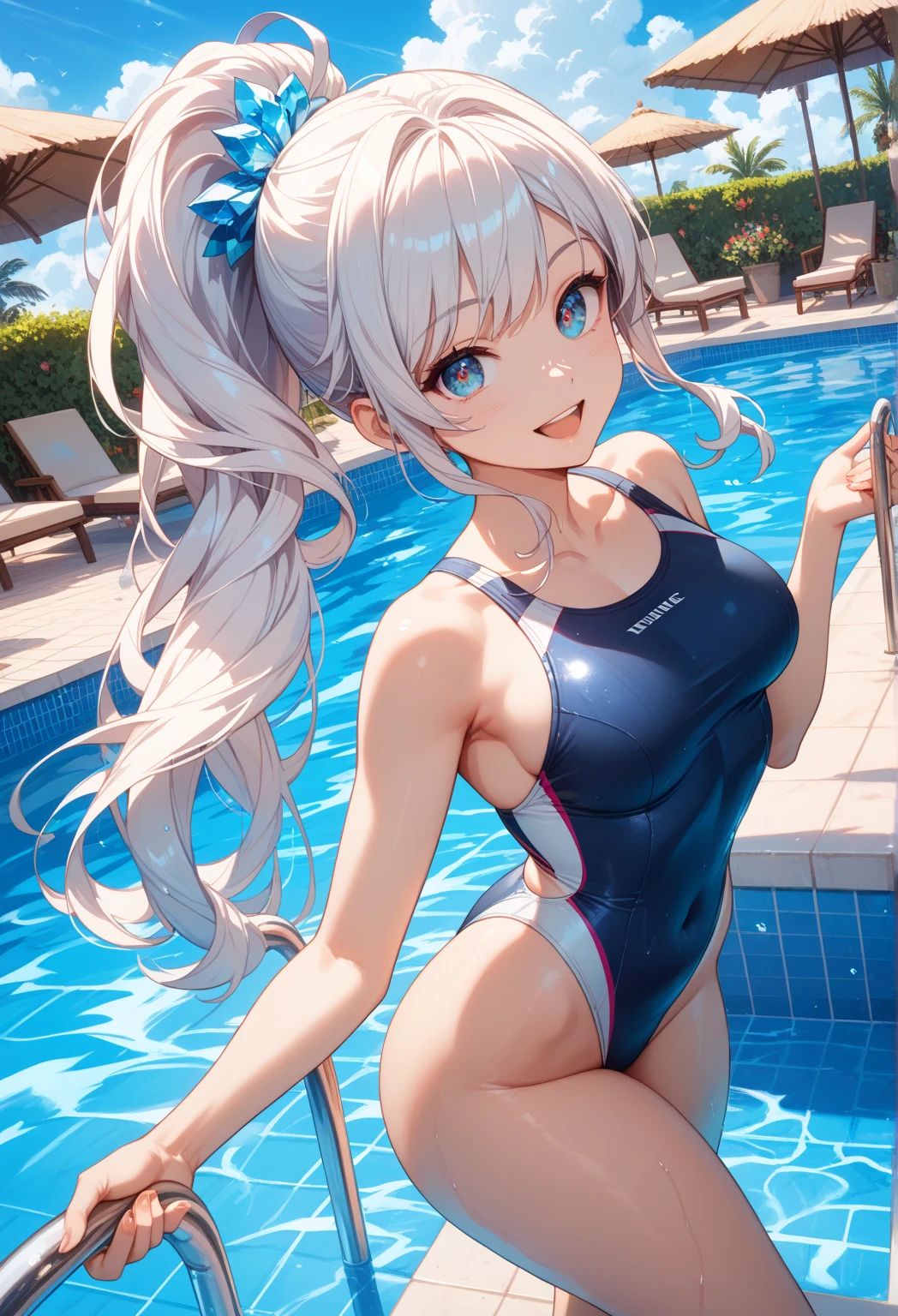 at the poolパドルを持っているswimsuitを着たアニメの女の子, is wearing a swimsuit, swimsuit, wet swimsuit, white haired tifa lockhart, swimsuit, realistic bikini, Highly detailed exquisite fan art, thick, marin kitagawa fanart, Hi-res price, in retro swimsuit, at the pool, swimsuit model, It's pixiv, perfect white haired girl