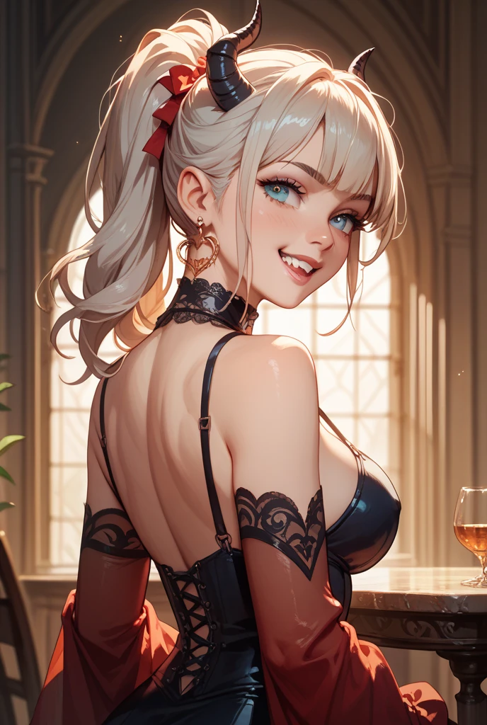 (Highest quality:1.2, High detail, masterpiece:1.2, Best aesthetics), (1 Girl), Cowboy Shot, ((Playboy Bunny, Fishnet tights:1.2, Bunny ears, ハイレグ leotard, 白leotard:1.1, leotard)), (Silver Hair, ponytail, Asymmetrical bangs, Bright Blue Eyes), Beautiful attention to detail, Beautiful lip detail, Highly detailed face, Detailed Fashion, elegant, luxury, High quality fabric, Shine, Shine, smile, Random Pause, Dutch Angle, bar, Nightclub, night, Dramatic lighting, Cinematic, Bright colors, Intricate details, Chiaroscuro lighting.