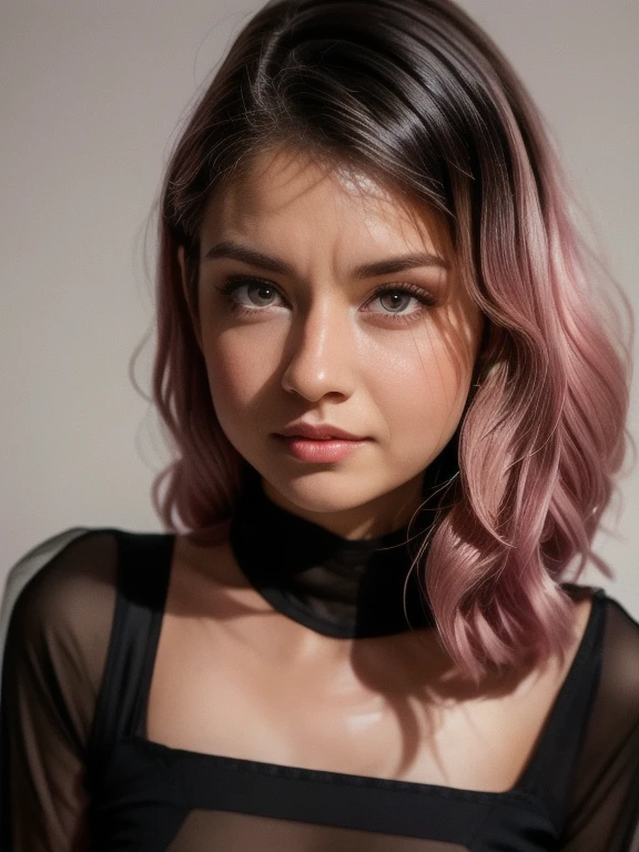 a closeup of a woman wearing a pink and black plaid bra, half pink, clear portrait of half pink, angelablanca, Looks realistic, portrait half pink, portrait of half pink, Taweel-tanned Ameera, Violet Myers, extremely realistic and real, sweet ultra-realistic bunny, very tasty, seductive lady, barbie doll in panties and bra