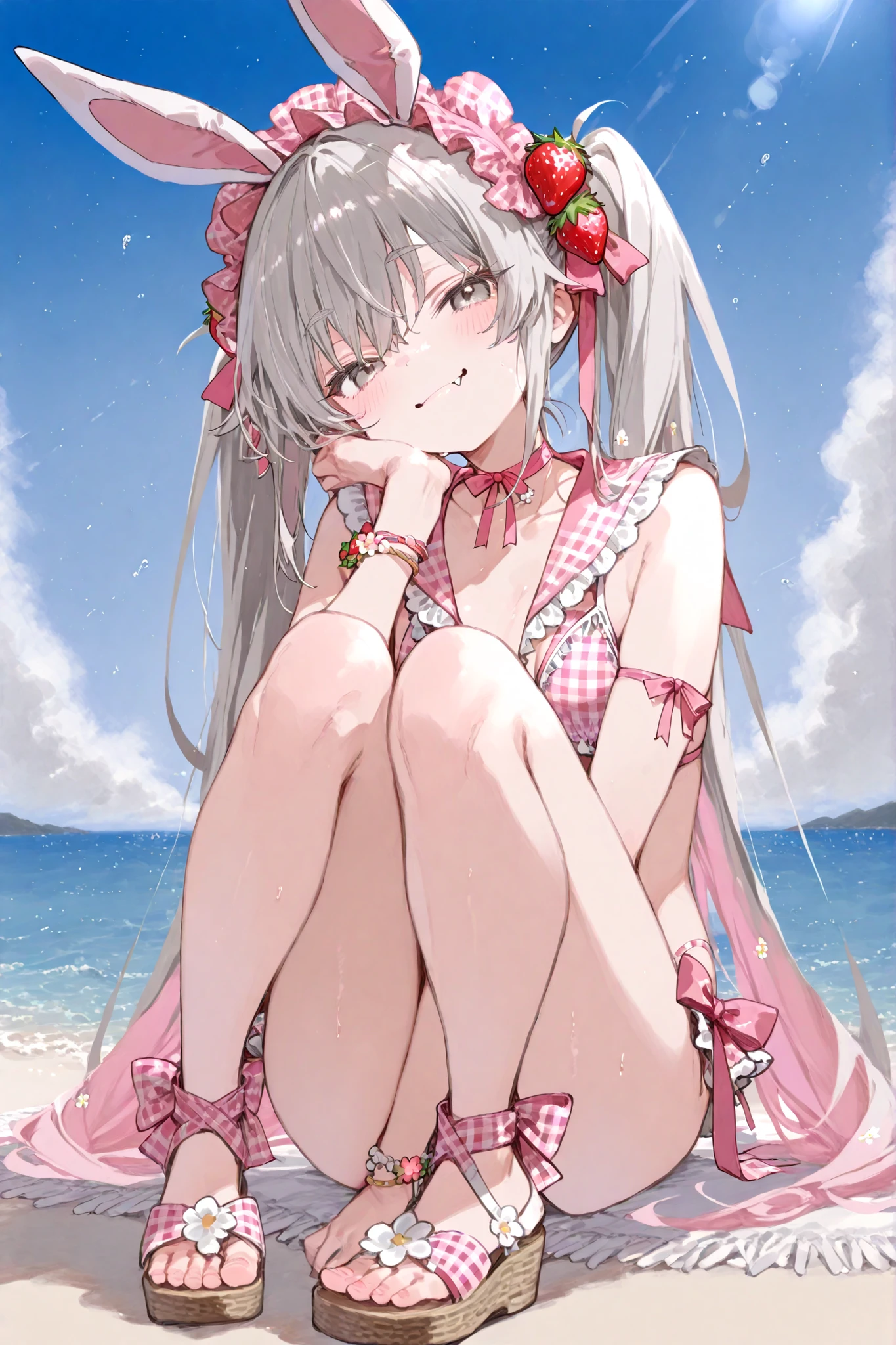 (1girl, Japanese Anime WAIFU style Cute girl), full-length, Wearing a white micro-bikini that bit into her crotch, protruding nipples, digging into her crotch,(sitting on the beach, spread legs wide:1.5), masterpiece, top quality, 8K, frombelow, full-length, landscape