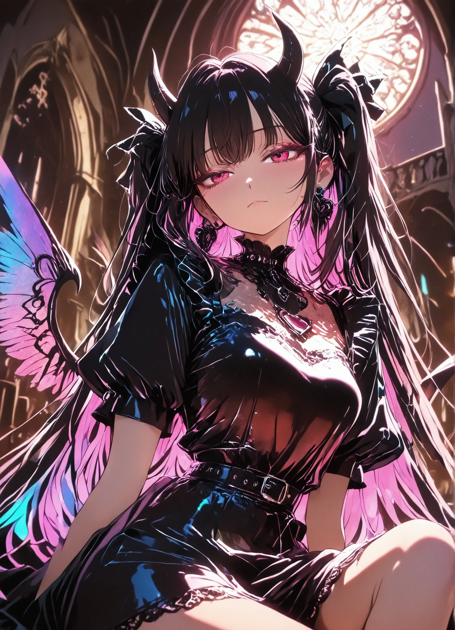 top quality, perfect finish, super resolution, Demon King Girls, Shy Expression, black and gold odd-eye, Reimu with Upward Eyes, Side Sitting, Gothic Dress, Little Horns and Wings, Lace Embellished , Inside the Demon Castle, Big Windows, Antique Furniture, Soft lighting, fantastic atmosphere