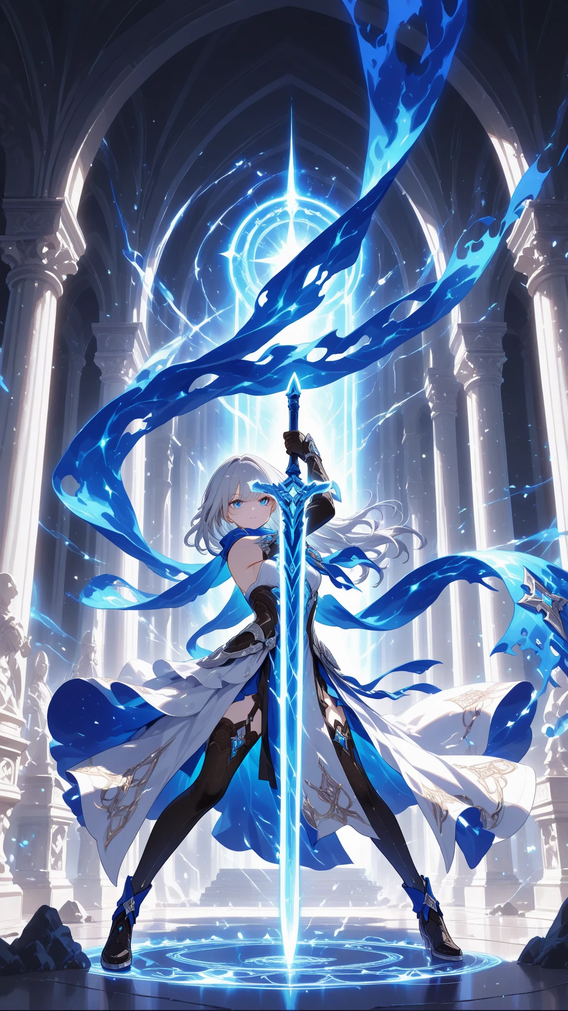 a wizard with a light blue human face and dark blue wolf ears, secret agent in a suit, with a dagger with glowing magic carvings, ice colored reflective suit, energy suit, light blue skin, bluish silver, manga art, eyes glowing, RPG fantasy, tanned skin, neon punk, art book, Studio ghibli, deep setting, in the middle of a retro cyber punk magical metropolis, magical light reflected in hair and ear, aura light, dynamic pose, side view , old anime style