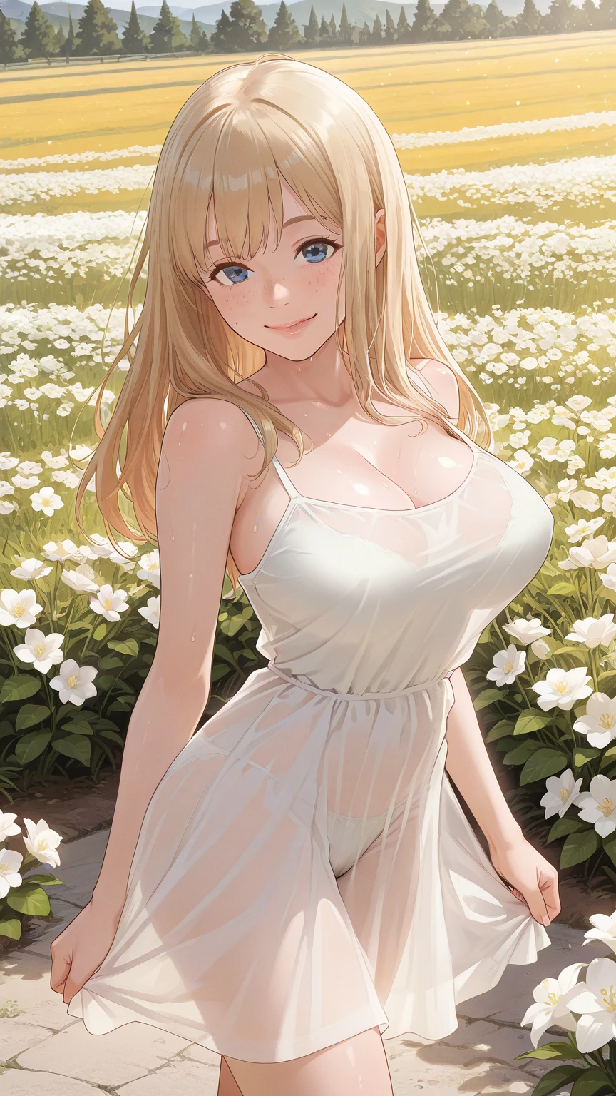 (masterpiece, best quality, absurdres), high quality, highres, ultra detailed, intricate, wallpaper, close-up, looking at viewer, beautiful woman, 1girl, parted lips, kei Karuizawa, small breasts, blonde hair, bangs, ponytail , detailed violet eyes, ((Super Realistic Detailed Eyes, glowing eyes)), beautiful face,smiling,close up to hips, beautiful breast, in the middle of flowers field, wearing beautiful wedding dress, (open mouth:0.4), illustration, detailed textures(realists), ultra-detailed, portrait style, vivid colors, soft lighting, blushing, mature, hair fluttering, evening light, cleavage, holding a bucket of flowers 