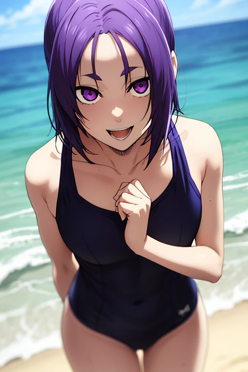 mature female, mature, Adult, himeno, himeno(Chainsaw Man), 1girl, black hair, short hair, eyepatch, solo, seductive smile, grin, nsfw, Villains, Bending forward, claw pose, Raise arms, chest, View your audience, Beach, night, Dark, latex purple leotard, dramatic angle, unique perspective, unique angle, masterpiece, Top animation quality，Top image quality,