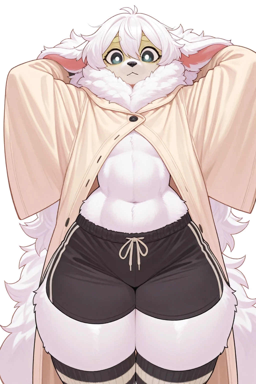 A furry male (white cat), (Wearing a pink long-sleeve sweater:1.0) (anthro, male cute, barazoku, anime, by lindong, by littleblackalas, (kemono, bara), anime, shadows, smooth skin, masterpiece, best quality, by (by Pino Daeni, (by ruaidri), yupa, kiyosan), (starbuck), by (darkgem), (chunie), (null ghos), (narse), (safe for work) (Stretching with arm up:1.0) (white background) (closed eyes)