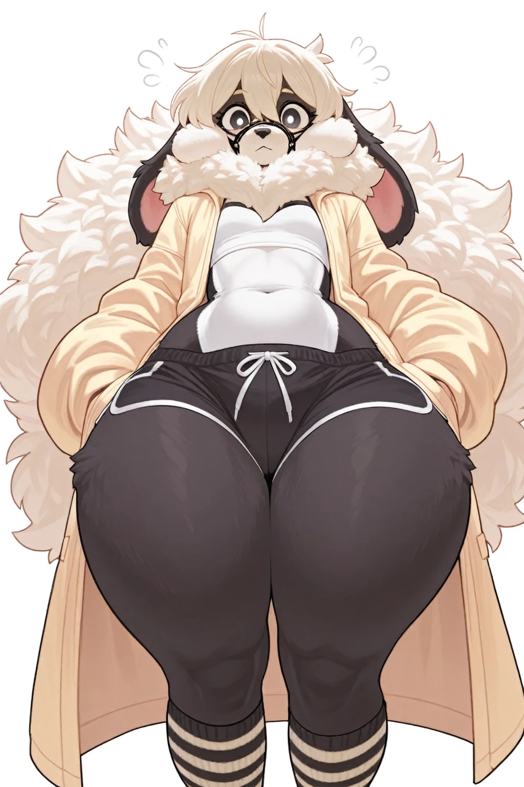 Furry, Furry dragon (anthro), cute fur, eyes black, god of eyes, gray witch hat with black bow, fur all over belly and thigh, artwork, detailded, Perfect artwork, (VOLUMOUS WHITE fur ON THE NECK), White dragon's tail, Kemono, wearing glasses without rounded lenses, cute thighs, shiny thigh, gray striped silk socks, and black, black and gray striped silk gloves, detailed crotch, no clothing, dragon horns, suggestive posing 