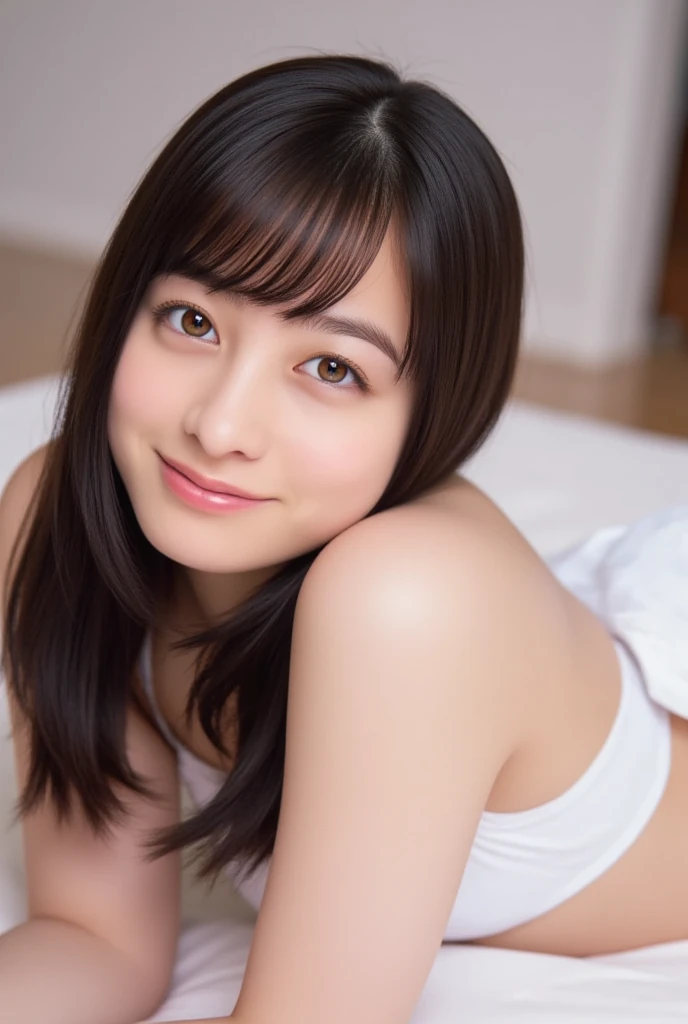 Nikon Z 85mm、((top-quality)) ((masterpiece))、intricate-detail、Sharp Focus、proffesional、Photorealsitic、Real life、surrealistic、photorealisim、Silhouette Light、finely detail、top-quality、Highly detailed CG Unity 8K wallpapers、erfect artwork、The upper part of the body、shinny hair、radiant eyes、shinny skin、realisitic、small tits、The perfect female figure、Constricted waist、Looking at the camera、enchanting posture、sexy pose、extremely delicate and beautiful、best qualtiy、a beautiful detailed girl、Beautiful fine eyes、Facial Lights、((Realistic lighting、top-quality、8K、masterpiece:1.3))、Clear focus:1.2、1girl in、flawless beauty:1.4、Slim abs:1.1、((Long dark brown hair、Light pink 、Shaved 、Super fine face、Mouth that opens slightly、Narrow-eyed、二重まぶた、(Full body lying in bed:1.2)、toward to the camera、 Legs open、My best girlfriend、In the midst of intense sex、Feeling climax