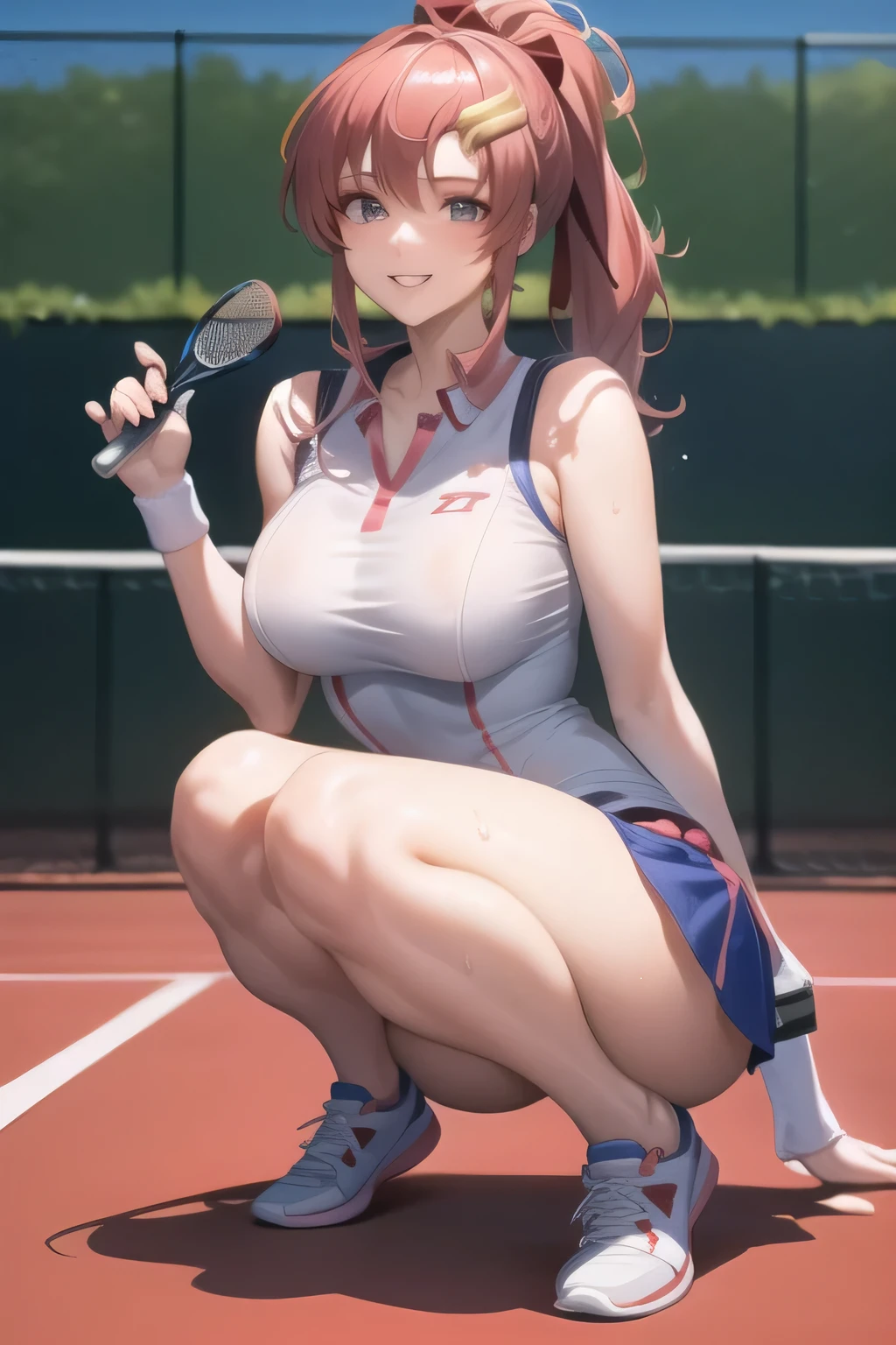 ,can you draw a woman in light-dressed pitch tennis wear,sleeveless costume,Micro Mini Miniskirt,Big Breasts ,Splendid Thighs,Beautiful legs,sneakers,light blue tennis wear,I'm on a tennis court in fine weather,Woman enjoying tennis,,Smile Yang ,,A woman with pink ponytail hair,Nice Smile Yang g ,,beautiful legs,big breasts,, ,肌が露出したbig breastsビキニ,,,とてもbig breastsを描けますか,Prioritize facial expression, So、Can you draw a picture,薄い服を着た素敵な太もも ノースリーブギリギリにはみ出すBig Breasts,beautiful legs,don't trim the face with facial expression as the top priority,I'm alone,Please draw the details of human hands and legs accurately,Smile Yan,Big Breasts,Wet tennis wear,