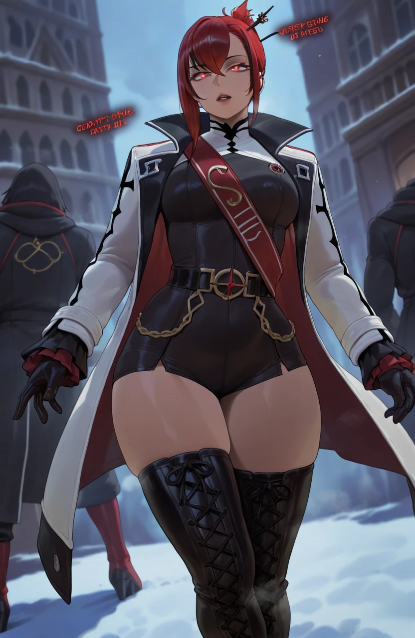 Mature female, standing, full body, authority, leather outfit, dominant, (muscular:0.75), long sleeves, gloves, double-breasted, black pants, black knee-high boots, white pants, slim, devious, harness, belt, cape