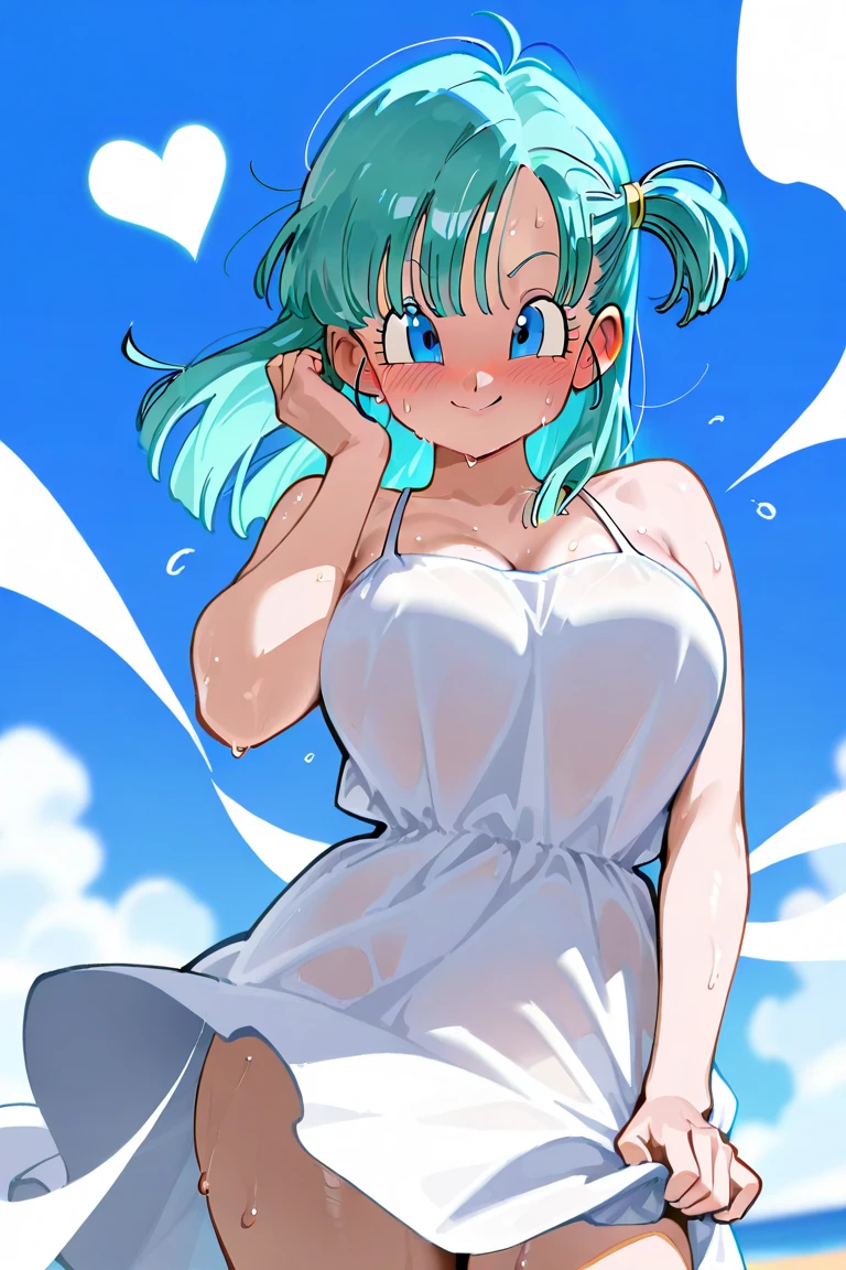 1girl as female survivor in rags, torso shot, hands in the air, oversized breast, smiling, victorious , white hair, front view, shortstackBT, looking happy, in HNKstyle, 80's anime