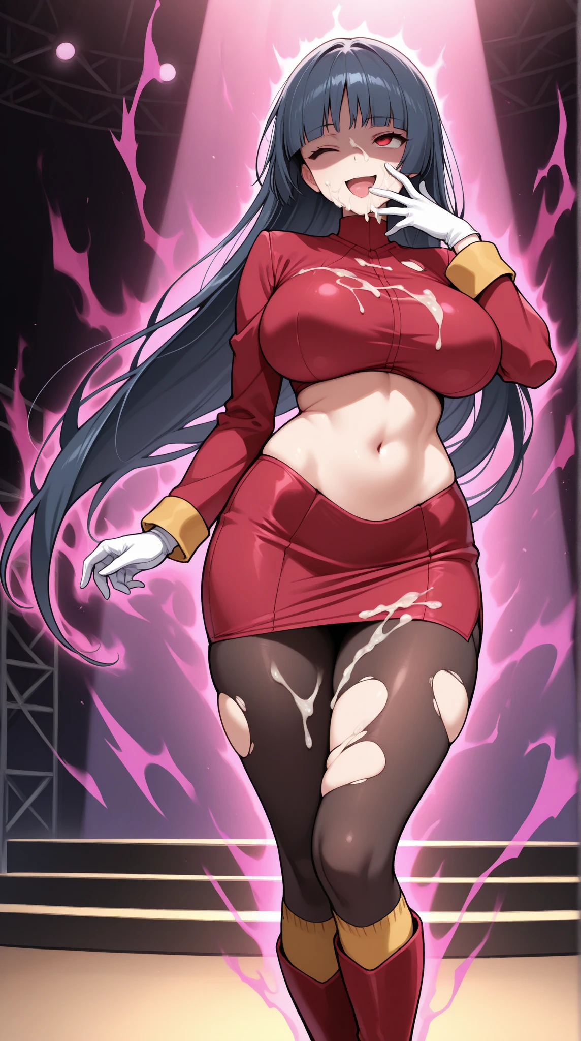 (masterpiece, best quality:1.2), 1girl, solo, sabrina, pokemon, long hair, purple hair, blunt bangs, red eyes, red sweater dress,(white gloves:1.2), black sash, (black leggings:1.1), (bodysuit:1.1), pantyhose, large breasts, knee boots,, panties under pantyhose, skirt lift, panty shot