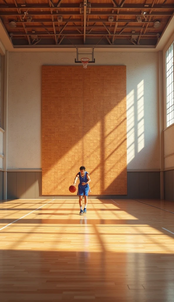 A high school student runs through the gym,