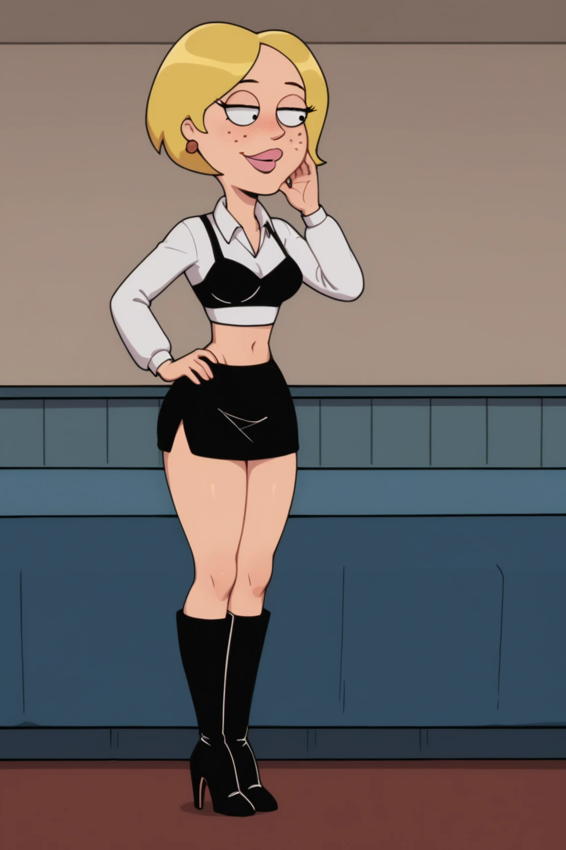 (masterpiece), best quality, expressive eyes, perfect face, lolabunny, 1 girl, alone, furry female, bunny ears, bunny girl, animal nose, short black thigh-high dress, short black thigh-high miniskirt, black women's shoes, black high heels, high heels, gray belt, collar black, strapless, bare shoulders, sexy, blue eyes, body fur, standing, sleeveless tail, bunny teeth, full body, seductive pose, sexy and sensual body, mature body, seductive, seductive and flirtatious look, Alone, one person, 1 girl, seductive and sensual body, porn, One hand on the waist, one hand behind the head, legs crossed, Modeling, 8K, high resolution, good quality, Skinny and sensual body, sexy model body, Serious look and smiling, Big breasts, 2D, Attractive body, athletic body, human body, Sexy black collar , posing, modeling, sexy, sensual, beautiful, attractive, beautiful, beauty, Sexy Thigh High Mini Skirt, Sexy and sensual black dress, Skinny and sexy legs, sexy and sensual legs, One hand on the waist, one hand on one leg, Athletic body, makeup, makeup, makeup, Smiling, 2D, Posing in a hotel, posing in a hotel room, in a room , Posing on the left side 