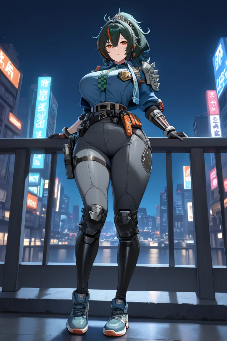 a girl Red blue doomsday punk head cyberpunk jacket shirt Huge mechanical power left fist High tech heavy sword big breasts sci-fi city Japanese anime style Hero character design