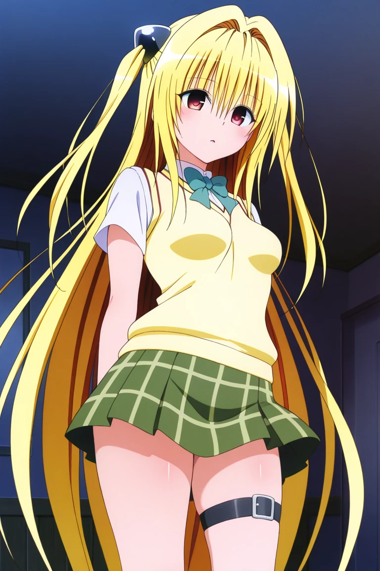 masterpiece, Highest quality, High resolution, Ayami, Very long hair, Both sides up, hair ornaments, , Green bow tie, White shirt, Sweater vest, Yellow vest, Short sleeve, Checked skirt, Green Skirt, Are standing, Cowboy Shot, smile, (((skirt lift))),(((Backwards)))(((Butt Show)))((Lying in bed))((White panties))((bukkake))