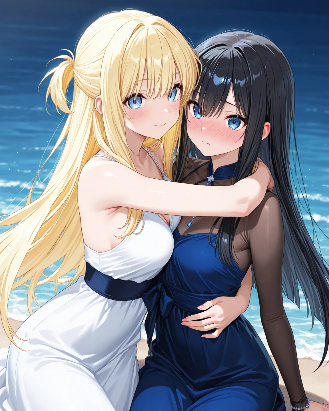 2 girls beautiful 13 years slim, long blonde hair and a black hair small swimsuit, Meer wellen Strand Sommer Sonnen untergang, kissing and holding hands, UHD, masterpiece, anatomically correct, high details, highres, best quality, super detail, 8k