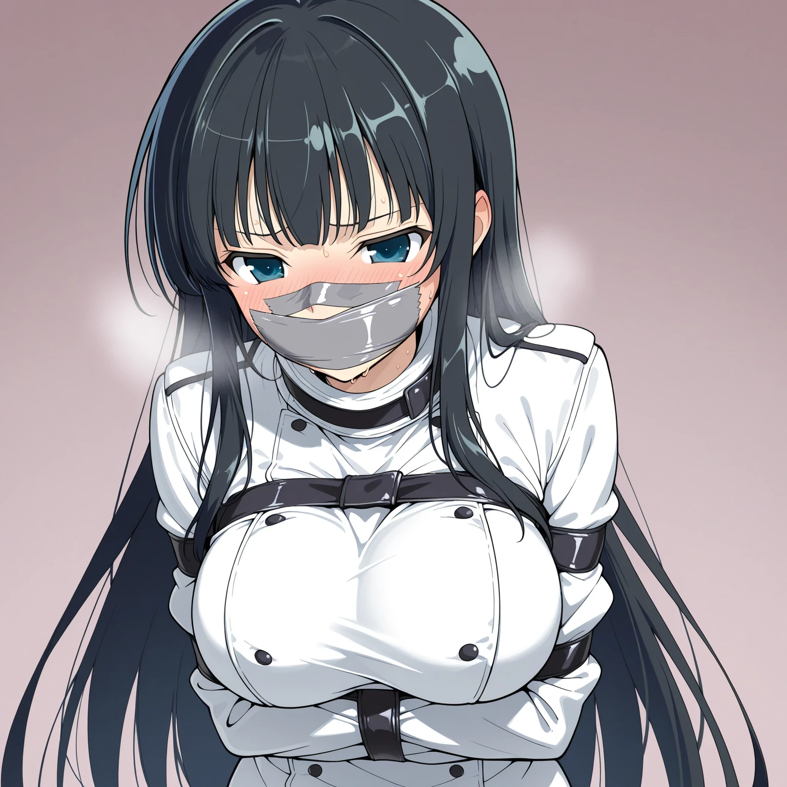 masterpiece, absurdres, 1girl, hinata\(shippuden\), solo,hooded jacket, fishnets, looking at viewer, messy hair, nude, (Best Quality), length hair, large breasts, breasts out,Bound, Bondage, (arms behind back:1.4), BDSM, tape, TAPE BONDAGE, close-up, srestrained, best anatomy, Curled up, scared face, mouth gagged, crying, Upper body, blushing face, humiliation, desperate, (stripped naked), (men touching her ), touching nipples, pov hand squeezing nipples, (men pinching her nipples), milk dripped from her nipples