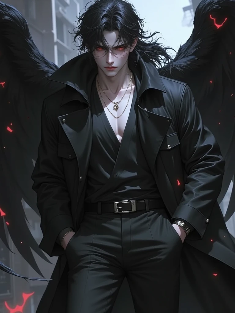 Tall, commanding CEO-like figure with short black hair, blood-red eyes, and clean-shaven face. Accented with pure black wings, exuding authority and sophistication in his sophisticated attire. He is the ruler of hell.