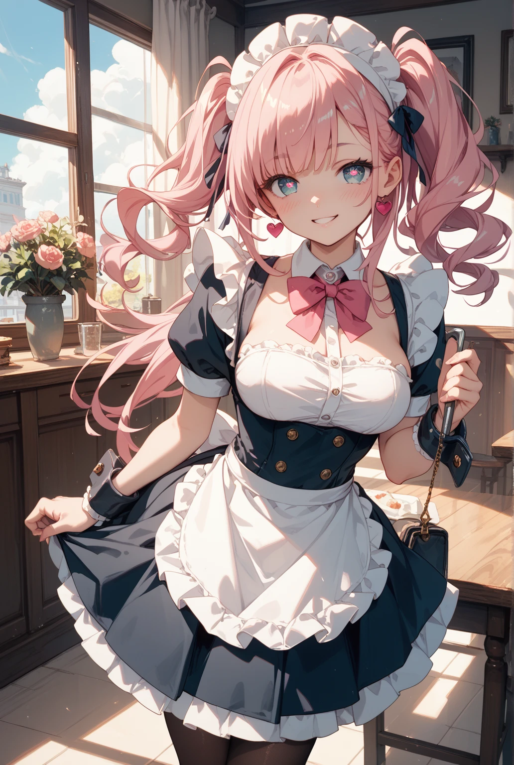 (appearance) - "Young, dark-skinned, Japanese, green eyes, pink hair with red streaks in a ponytail, normal build, toned, firm breasts, round, firm ass, full-arm tattoos, tattoo on the thigh"
(clothing) - “black and white maid uniform, shaped neckline, no bra, short skirt, white transparent tights, thongs (sexy, lace).
