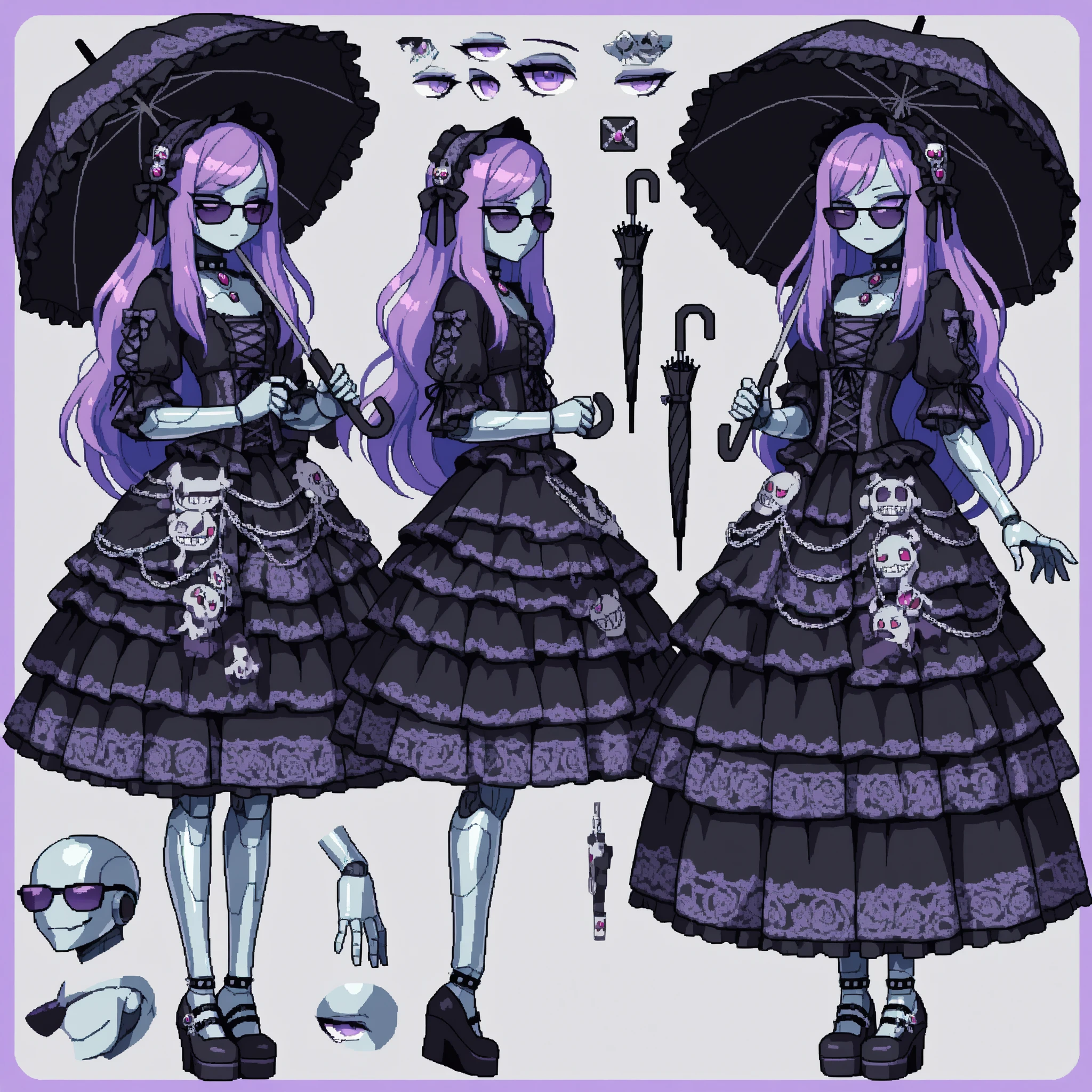 Full body character sheet, 1 femboy robot, sunglasses, long hair, metal skin, metal purple eyes, lolita punk outfit, long skirt, holding black umbrella, gothic jewelry, villain, detailed shading, high quality, ultra detailed, best quality, masterpiece