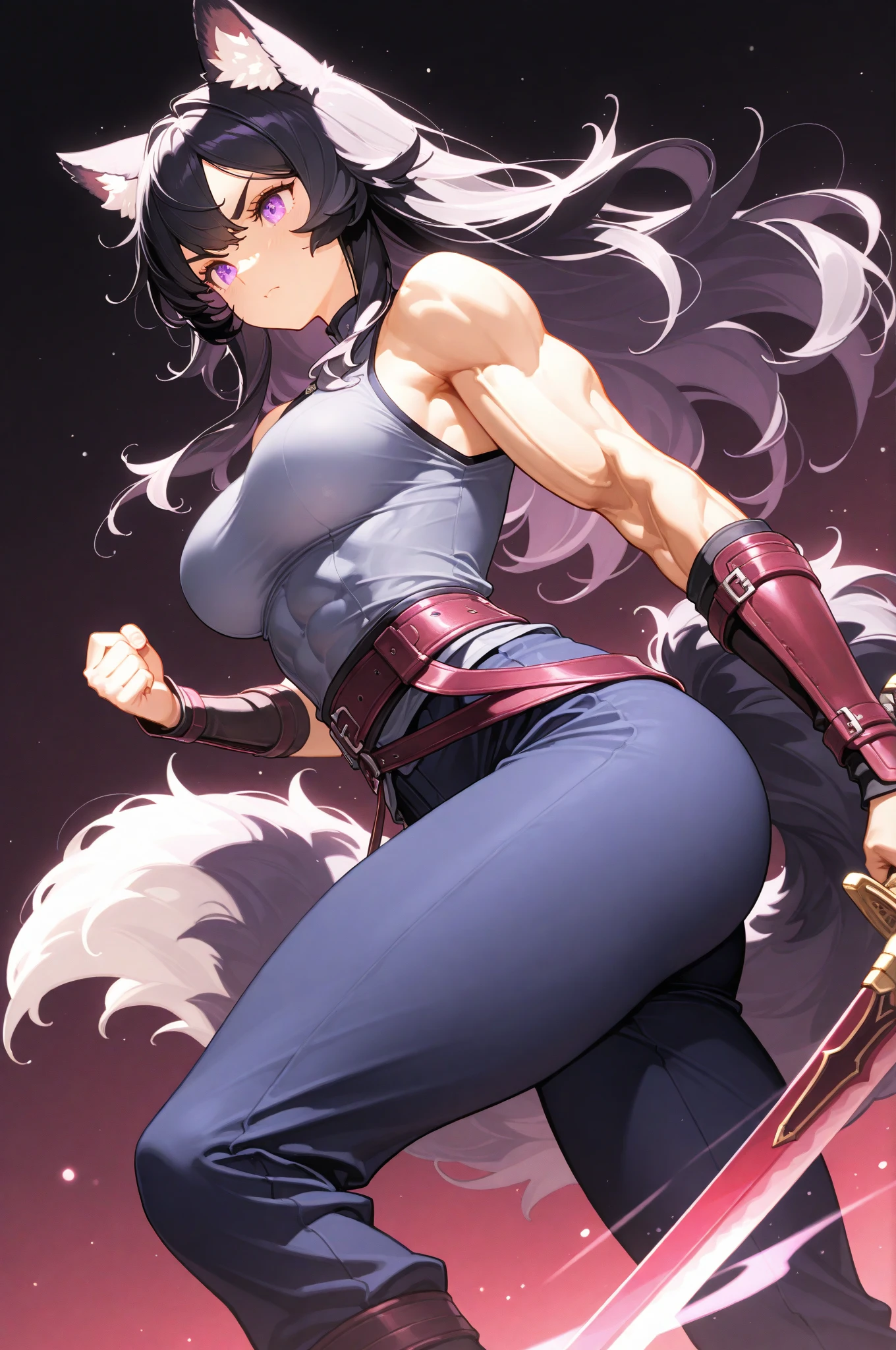 1girl, highres, sharp focus, pixiv masterpiece, ((intricate details)), highly detailed, one eye, detailed eyes, brown skin, gray hair, cat ears, muscular, costume: sportswear, leggings, sports bra, joy ride style, ilya kuvshinov,Anime Moe Artstyle, female anime character, anime character, clothes in red and blue colors,