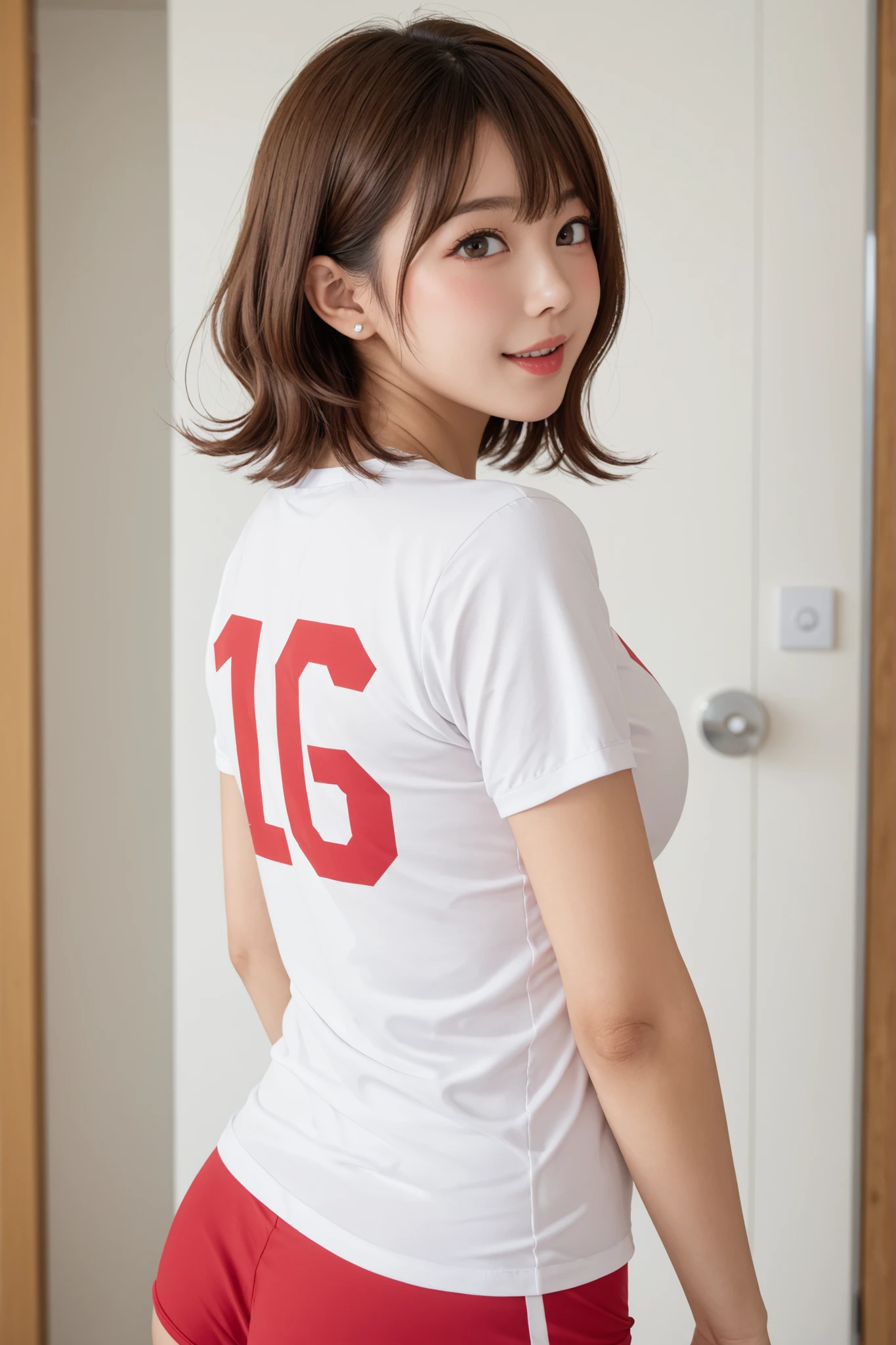 (8K、Raw photography、highest quality、masterpiece:1.2),(black haired、very short hair:1.7),show viewer,Looking at the front,erotic,白いskin,(wearing a pink and white baseball uniform:1.6)、(Clothing that emphasizes the shape of your chest、publish one'skin:1.5)、(big boobs:1.3)、slim body shape、ultra high resolution,beautiful,beautiful fece,(alone, alone、no background:1.9),whole bodyボディー,japanese woman,(Photoreal:1.37)、photon mapping,reality、(Cute with a baby face: 1.0)、(cute smile: 1.7)、(With a round face: 1.8)、radio city、Physically based rendering、depth of field rally background、photograph, (I can see your knees,close up of thighs、Very short navy blue and pink plaid skirt、show panties:1.5),(angle from behind,stick out your butt,face is facing forward、look at the camera:1.6)、whole body、super fine