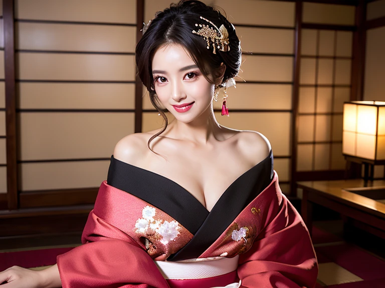 (highest quality、table top、8K、best image quality、Ultra high definition、Award-winning work)、one courtesan、The most gorgeous blue courtesan furisode、Flashy and vivid furisode of the highest quality、The finest long-sleeved kimono with a huge floral pattern、bewitching courtesan、A courtesan full of sex appeal、very sexy courtesan、(Furisode with huge floral pattern:1.1)、Furisode with slight golden decoration、lots of gorgeous big hair ornaments、smile looking at me、bright red lips、red eyeshadow、Small cleavage、(exposed bare shoulders、expose one's shoulders、expose one's shouldersVネックの振袖)、chignon、Furisode with the most gorgeous and intricate floral pattern、(Bright red walls and shoji walls:1.1)、(Shoji with autumn leaves decoration:1.1)、(Beautiful red autumn leaves:1.1)、The most luxurious giant hairpin、red autumn leaves decoration、(Shoji screen decorated with autumn leaves:1.1)、Strong moody lighting from red luxury lanterns、One Japanese-style high-class red lantern、(bright red carpet:1.1)、Furisode with extremely intricate and huge floral pattern、accurate anatomy、The most intricate and gorgeous pattern、Ultra high definitionの艶と潤いのある美肌、Ultra high definitionの美しい顔、Ultra high definitionの煌めく瞳、Ultra high definitionの完璧な歯、Ultra high definitionの髪の毛、Ultra high definitionの艶のある赤い唇、(The long-sleeved kimono is decorated with a huge floral pattern in pink, purple, and blue.:1.2)、(Mr.々A long-sleeved kimono decorated with brightly colored floral patterns:1.1)、(The most vivid and colorful giant floral decoration:1.1)、((huge colorful floral decoration、huge blue floral pattern、huge purple floral pattern、huge pink floral pattern、giant orange flower pattern))、elegant Japanese room、solo