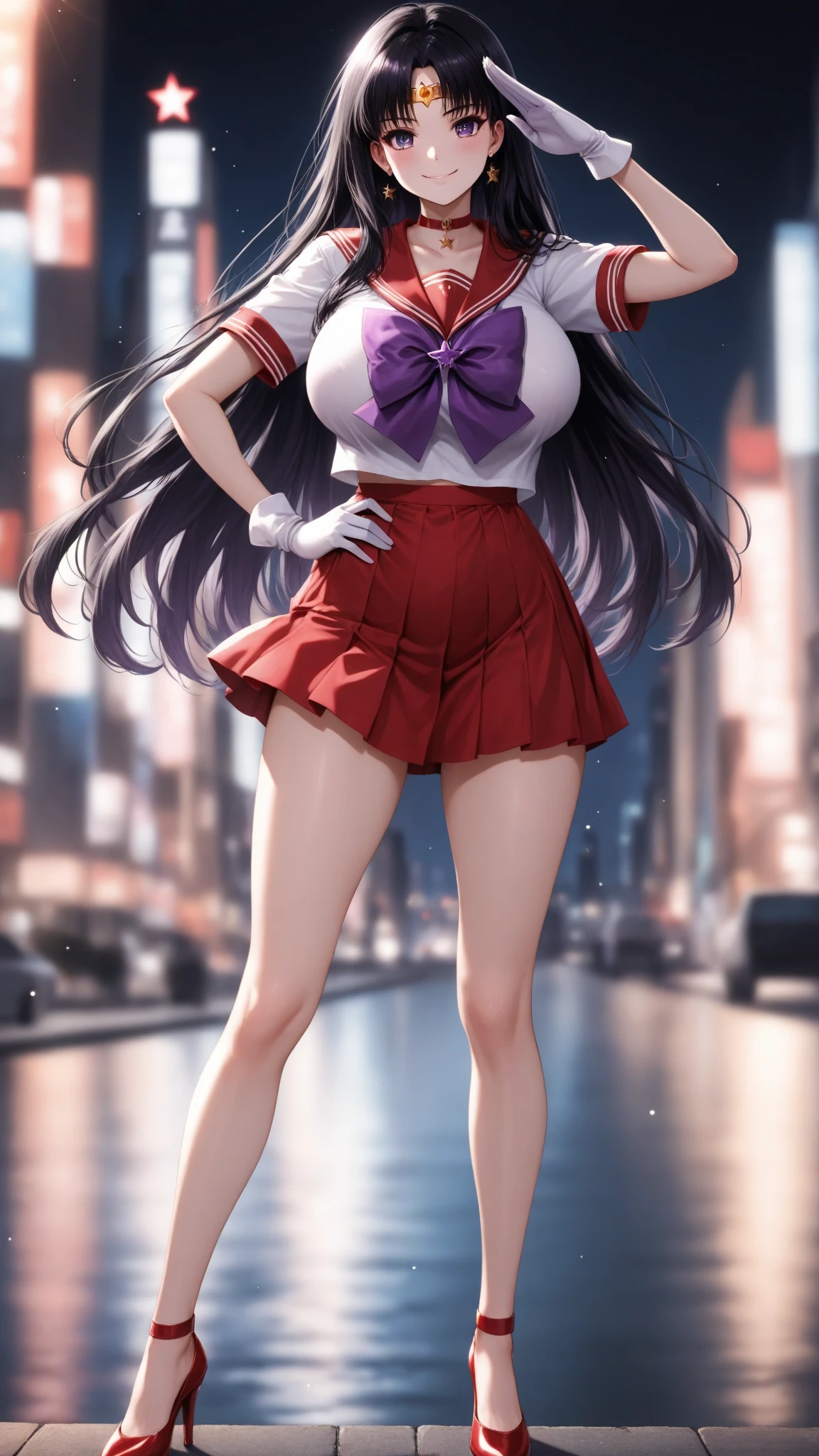 A blushing, black-haired, muscular mature woman dressed as Sailor Mars, wearing long white gloves and red high heels. Comiket Venue